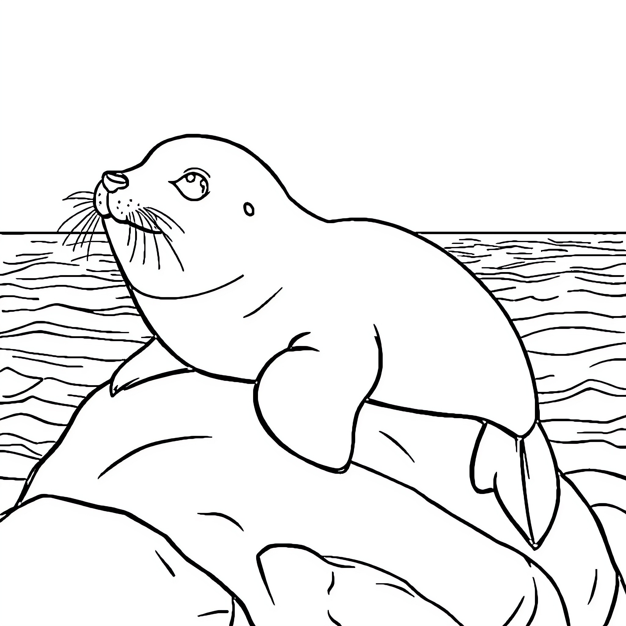 Seal resting peacefully on the ocean waves Coloring Page (free black-and-white line drawing printable PDF for all, from beginners to advanced learners, including children, teens, adults, and seniors)