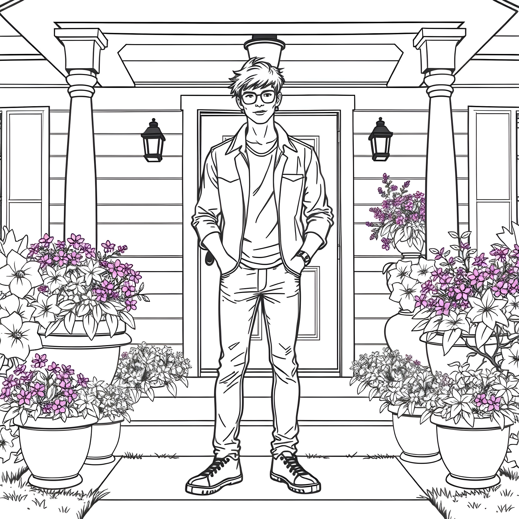 Teen Guy standing confidently outside a cozy house Coloring Page (free black-and-white line drawing printable PDF for all, from beginners to advanced learners, including children, teens, adults, and seniors)