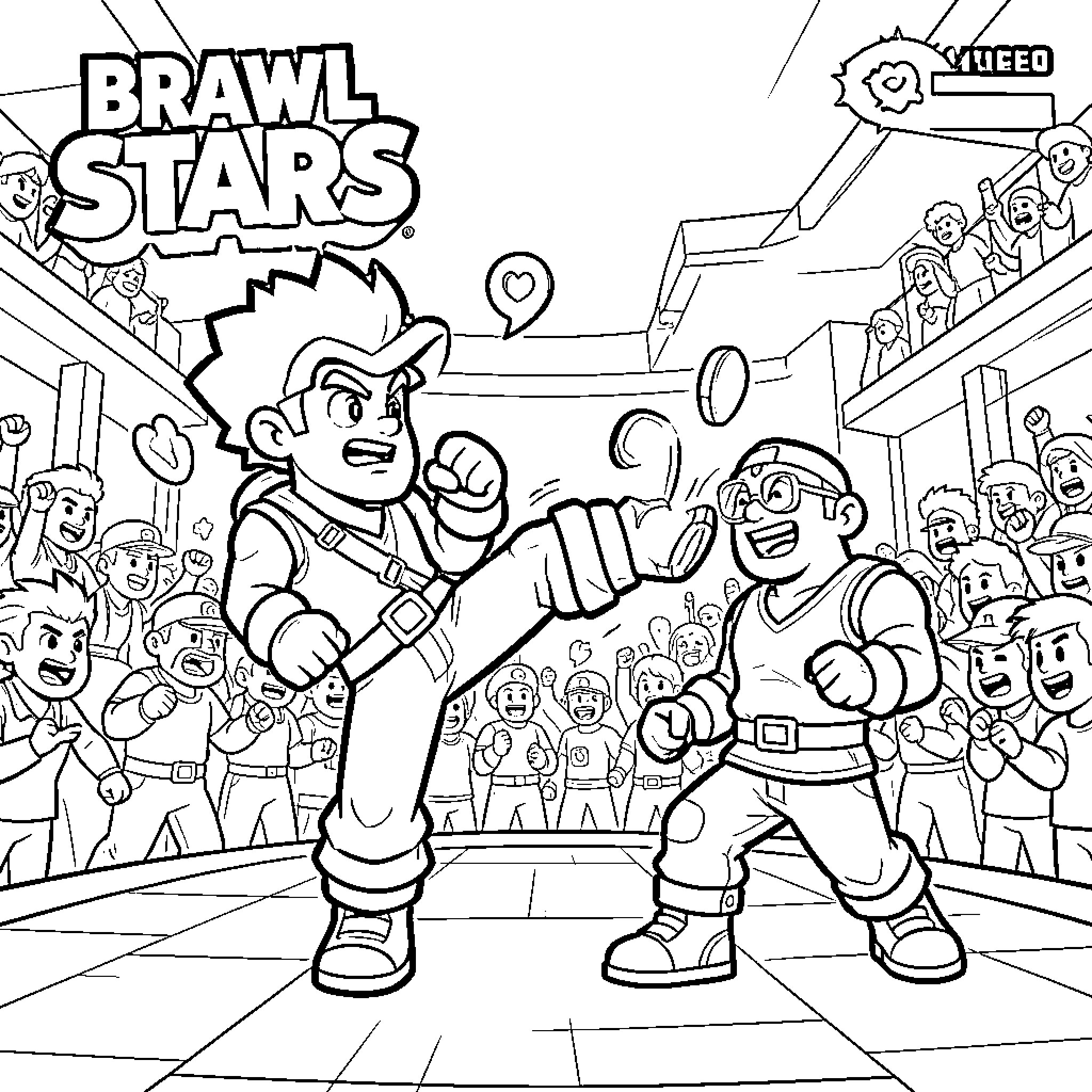 Leon watching characters battle in a crowded arena Coloring Page (free black-and-white line drawing printable PDF for all, from beginners to advanced learners, including children, teens, adults, and seniors)