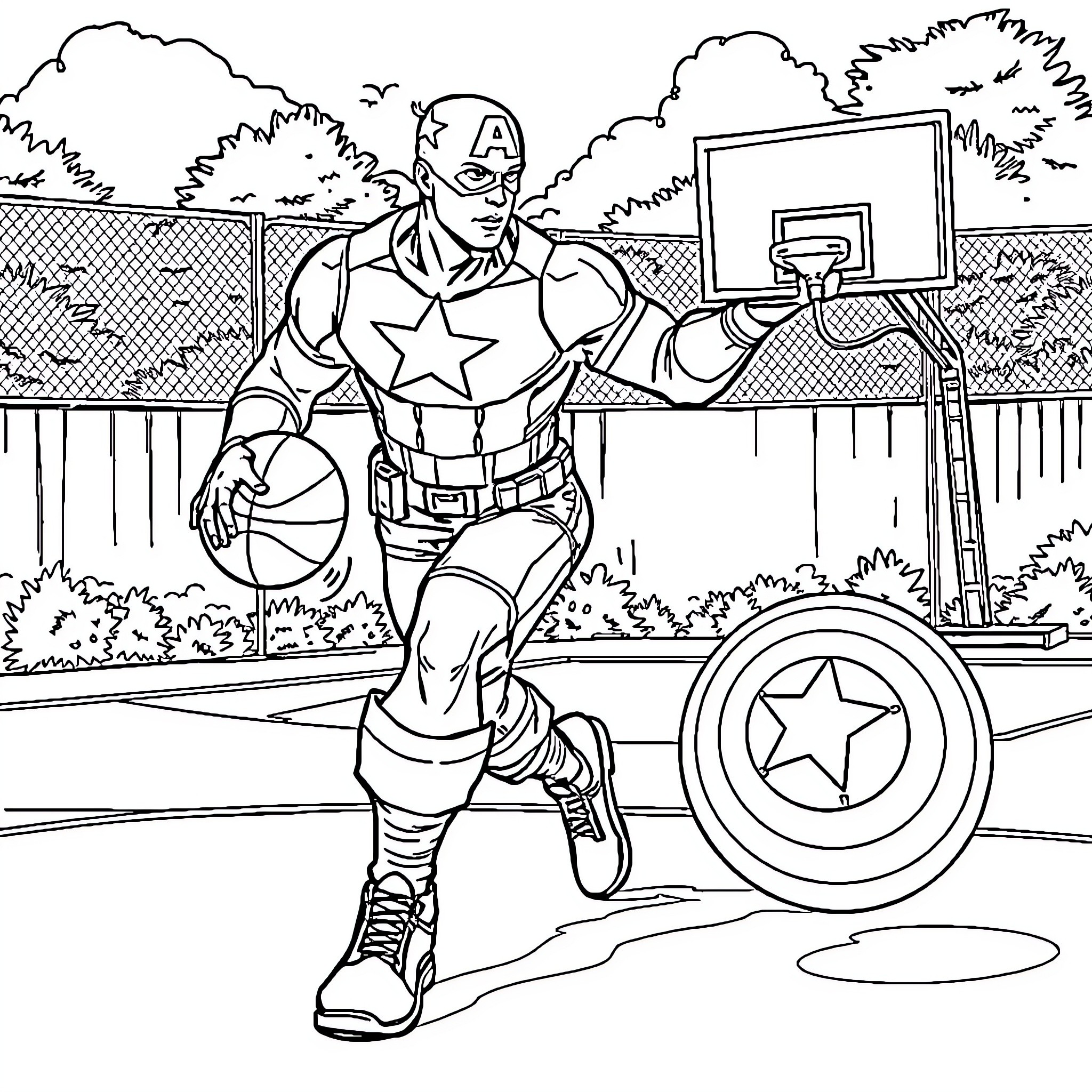 Captain America Plays Basketball in the Park Coloring Page (free black-and-white line drawing printable PDF for all, from beginners to advanced learners, including children, teens, adults, and seniors)