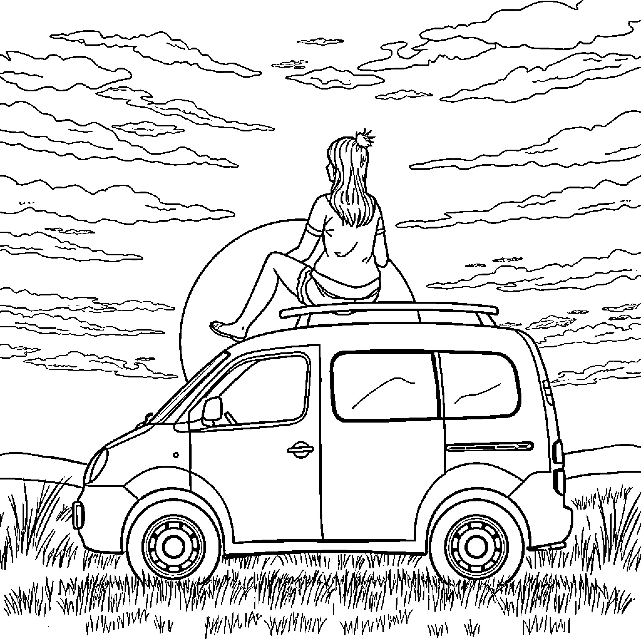Mom enjoying the sunset on a road trip Coloring Page (free black-and-white line drawing printable PDF for all, from beginners to advanced learners, including children, teens, adults, and seniors)