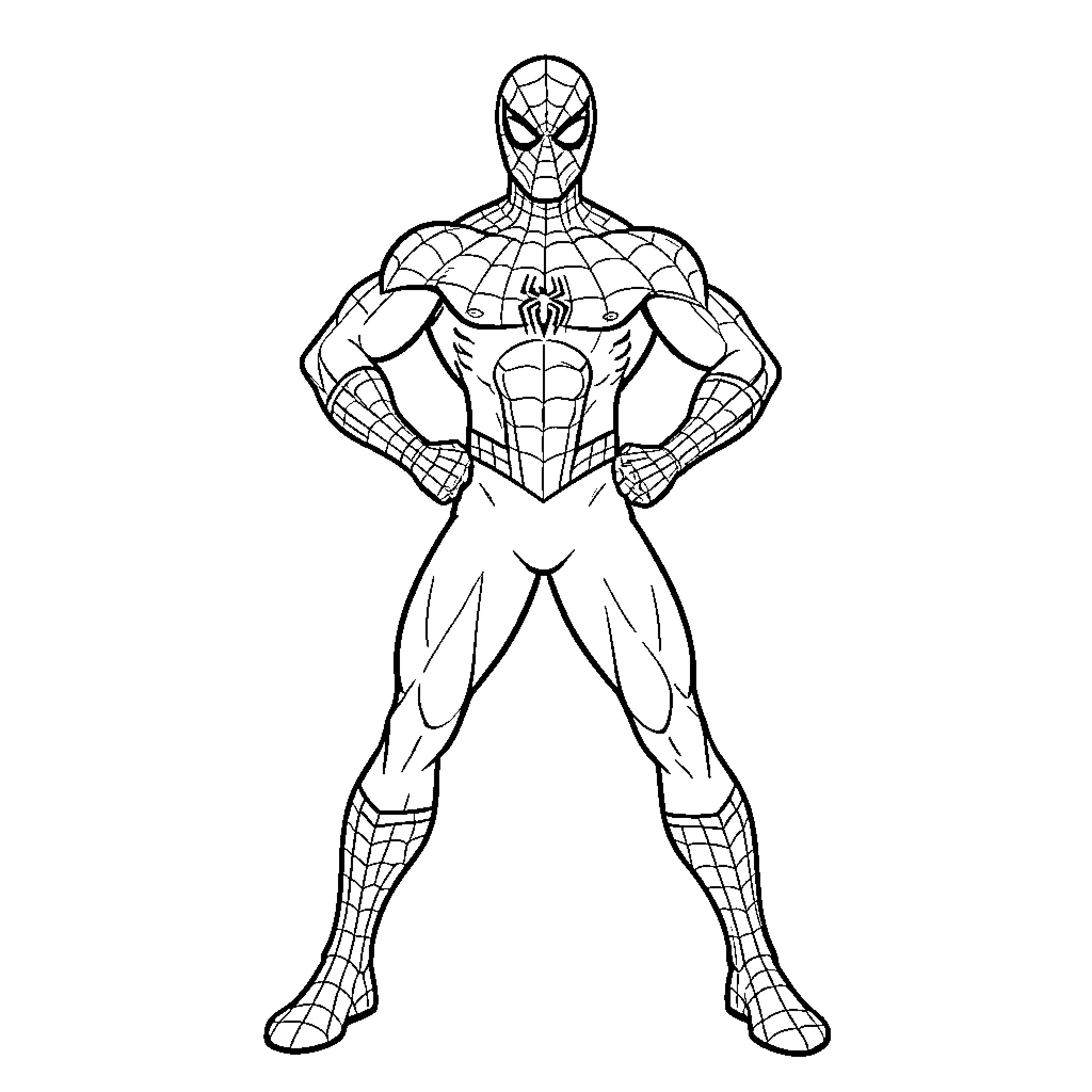 Spider-Man standing heroically in a powerful pose Coloring Page (free black-and-white line drawing printable PDF for all, from beginners to advanced learners, including children, teens, adults, and seniors)