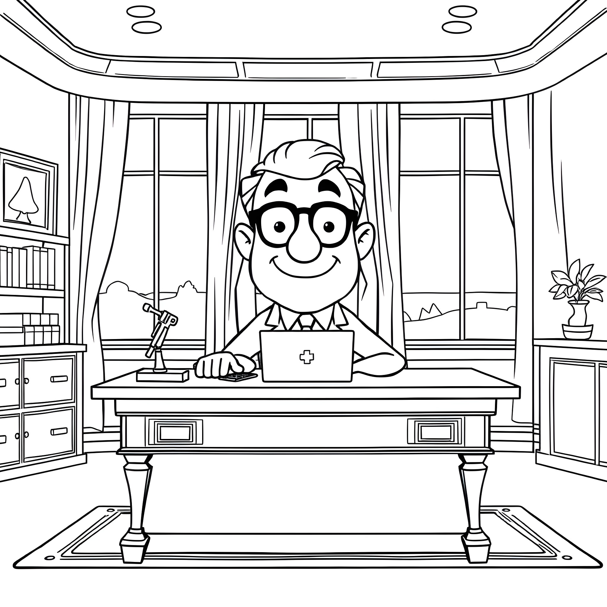 Mr. Puzzles in his Whimsical Office Space Coloring Page (free black-and-white line drawing printable PDF for all, from beginners to advanced learners, including children, teens, adults, and seniors)