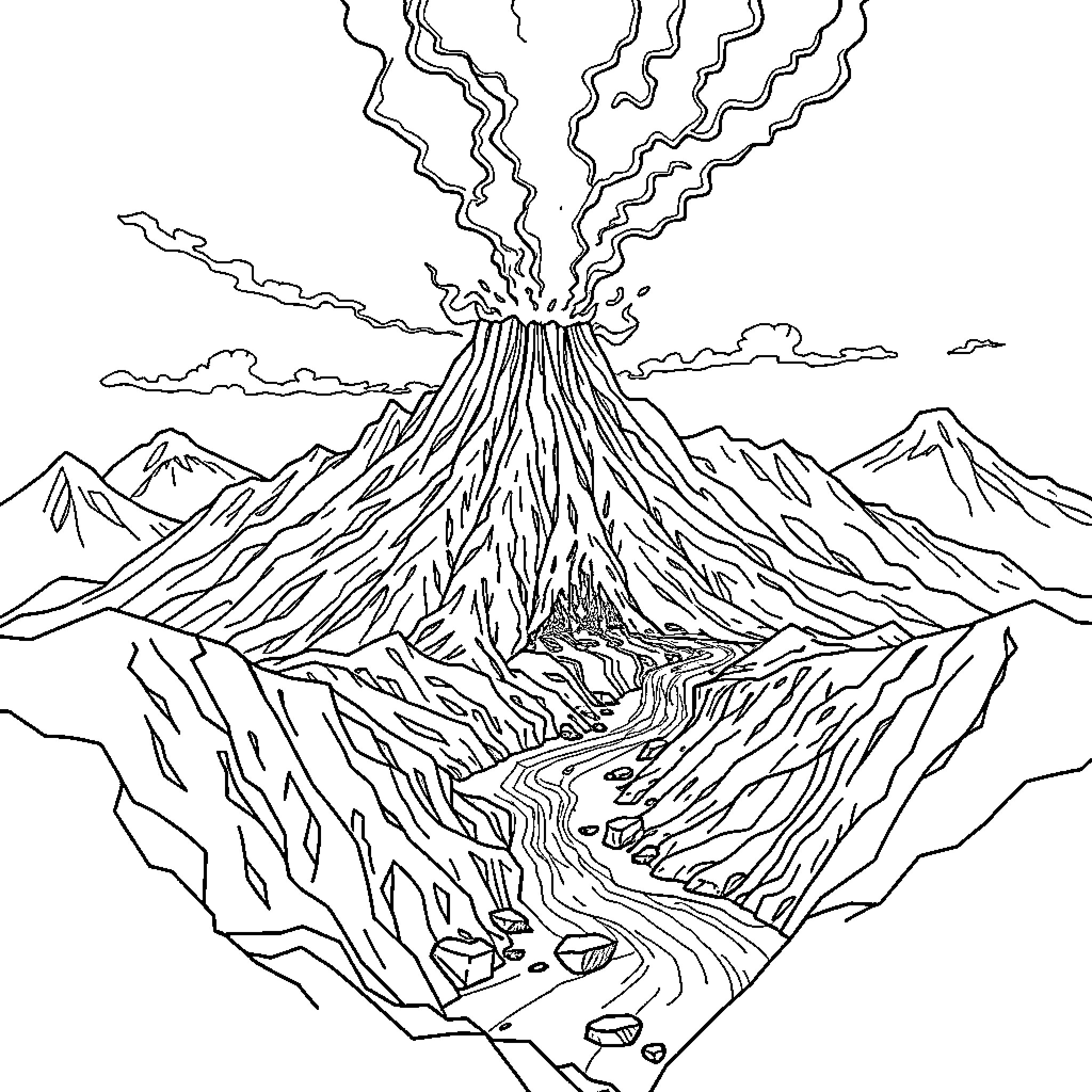 Fire Kingdom Erupting Volcano and Lava Flow Coloring Page (free black-and-white line drawing printable PDF for all, from beginners to advanced learners, including children, teens, adults, and seniors)