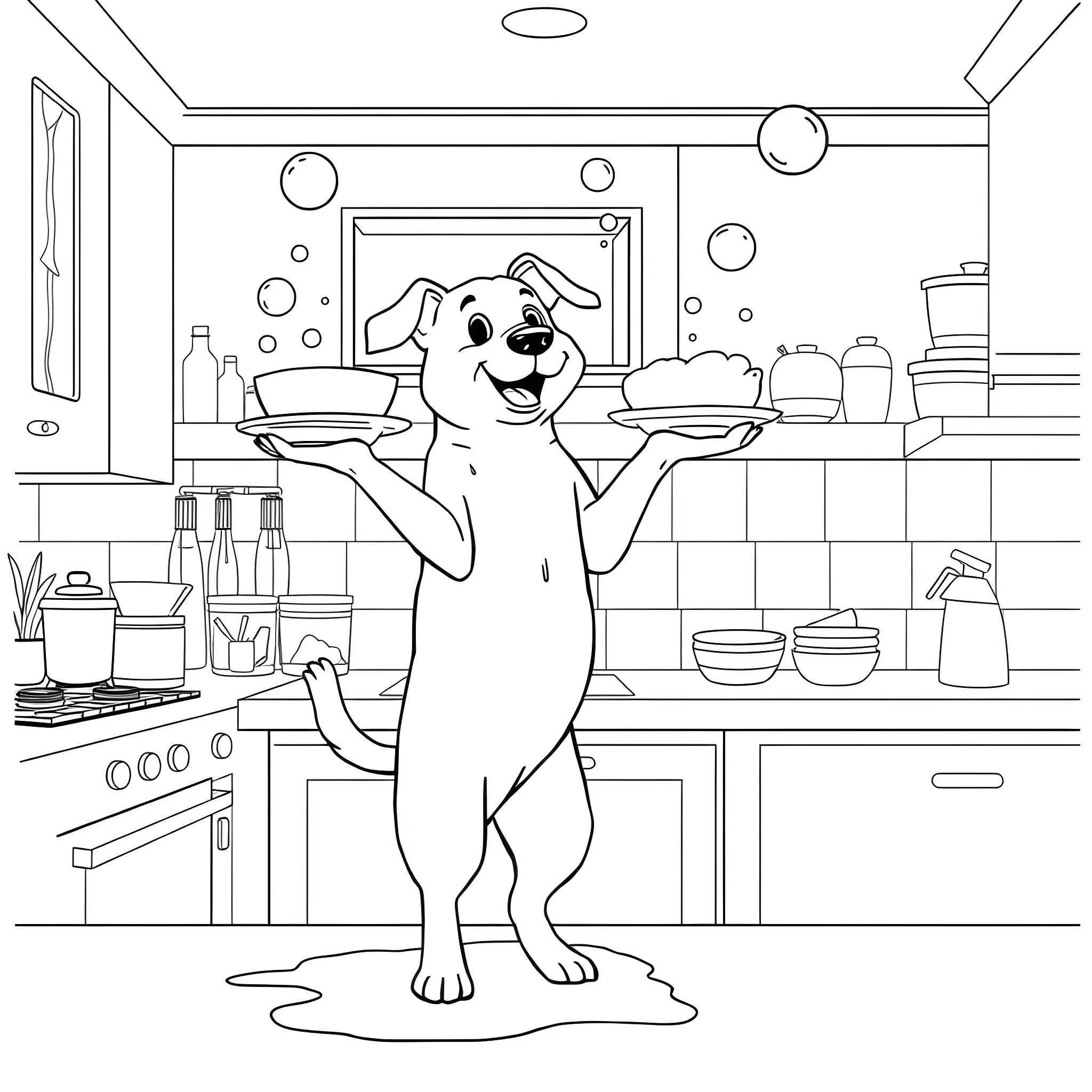 Dog happily carrying trays in the kitchen Coloring Page (free black-and-white line drawing printable PDF for all, from beginners to advanced learners, including children, teens, adults, and seniors)
