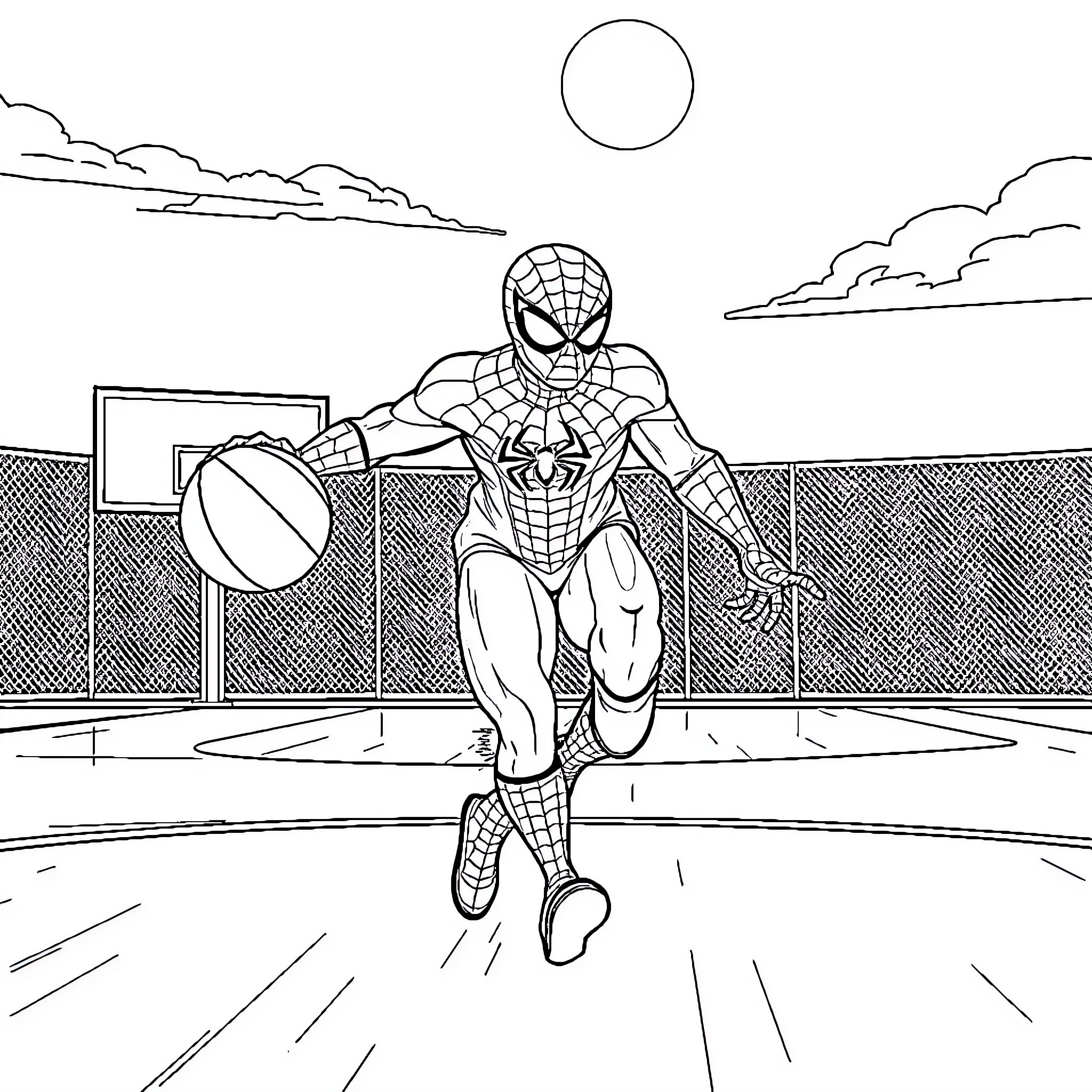 Spiderman in action on the basketball court Coloring Page (free black-and-white line drawing printable PDF for all, from beginners to advanced learners, including children, teens, adults, and seniors)