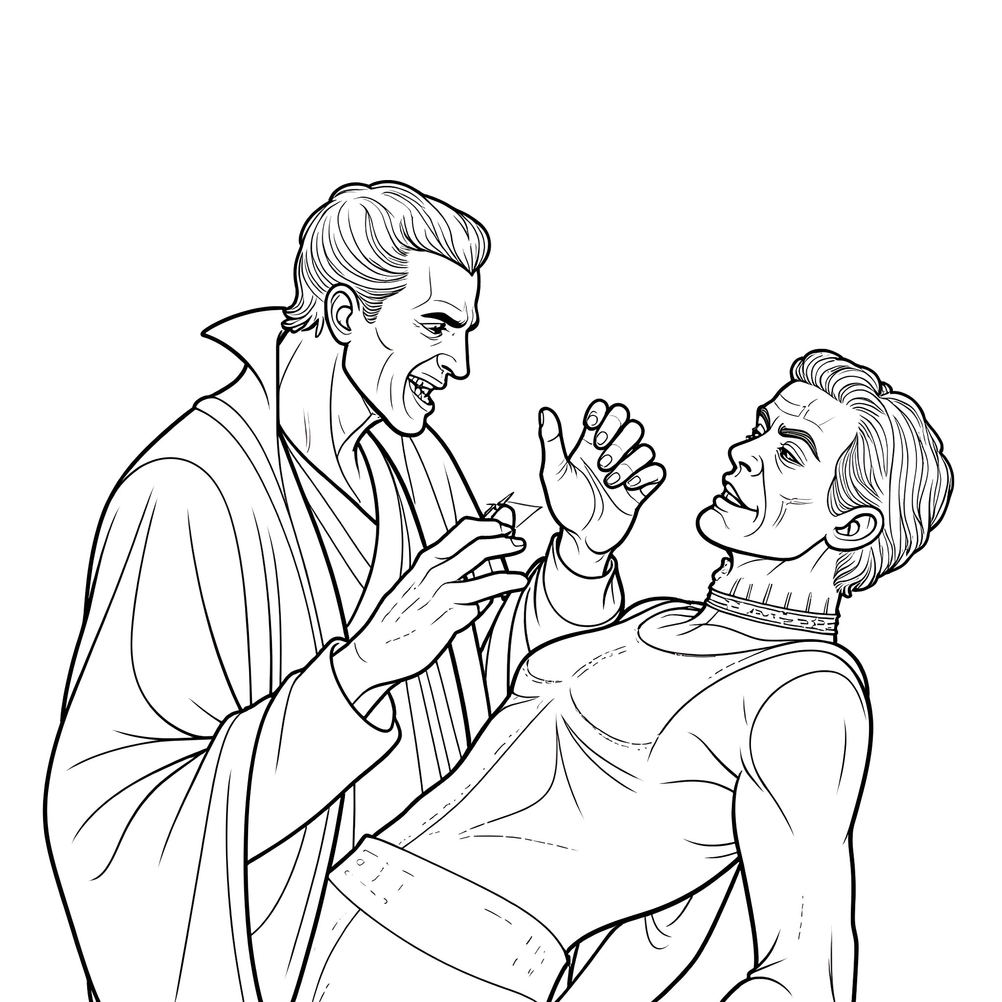Dracula confronting a horrified nobleman Coloring Page (free black-and-white line drawing printable PDF for all, from beginners to advanced learners, including children, teens, adults, and seniors)
