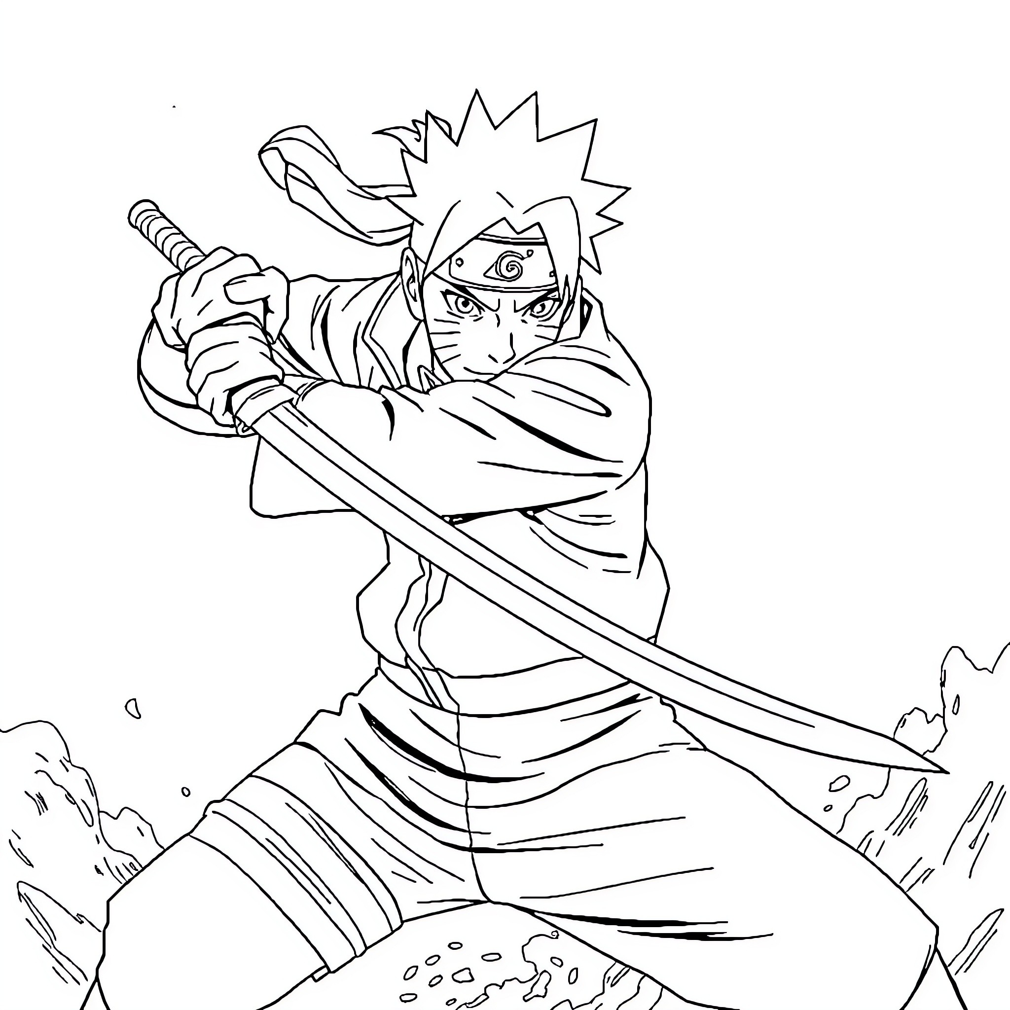Naruto Ninja Warrior in Intense Battle Stance Coloring Page (free black-and-white line drawing printable PDF for all, from beginners to advanced learners, including children, teens, adults, and seniors)