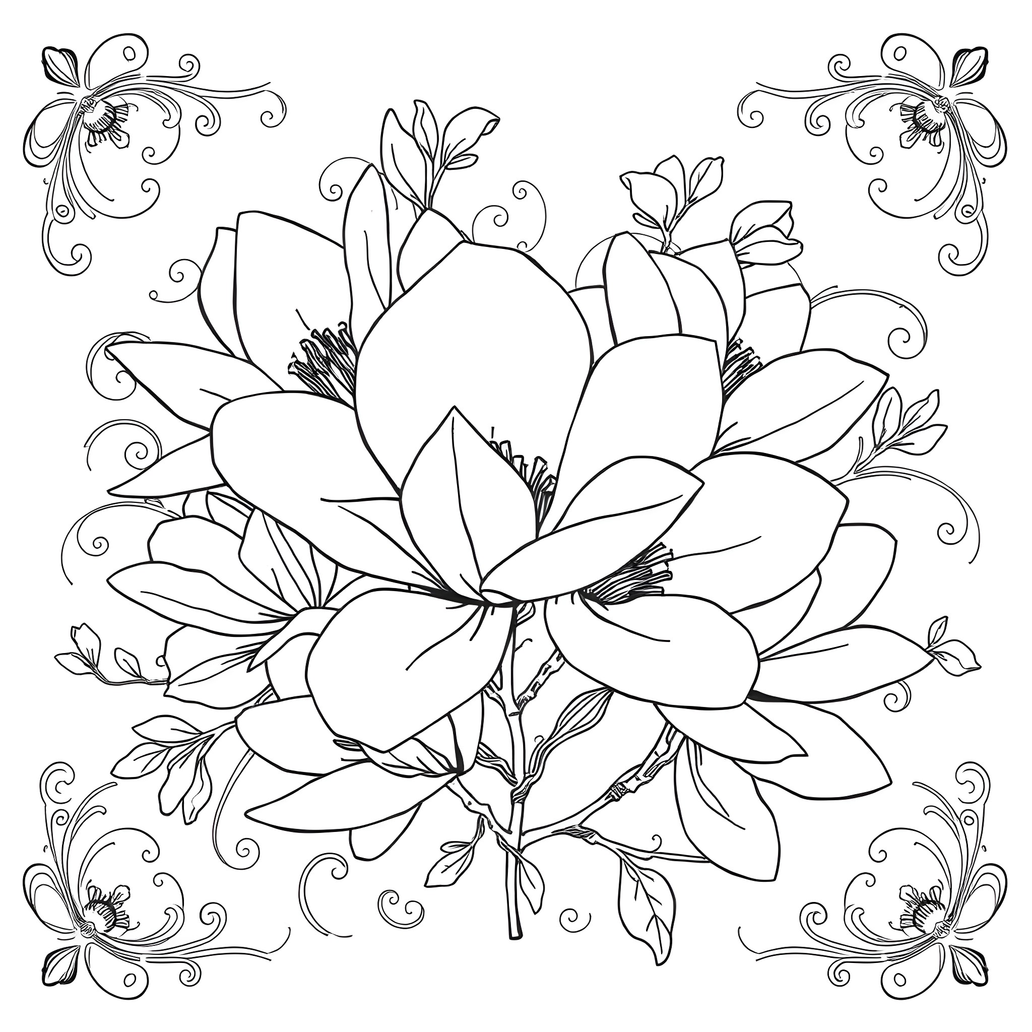 Magnolia Flowers and Floral Patterns Coloring Page (free black-and-white line drawing printable PDF for all, from beginners to advanced learners, including children, teens, adults, and seniors)