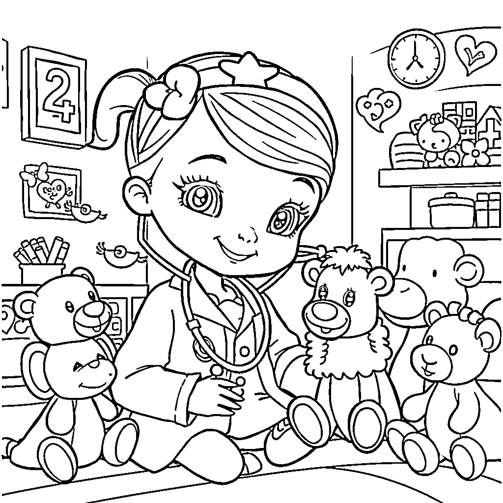Doc McStuffins caring for her toy friends Coloring Page (free black-and-white line drawing printable PDF for all, from beginners to advanced learners, including children, teens, adults, and seniors)