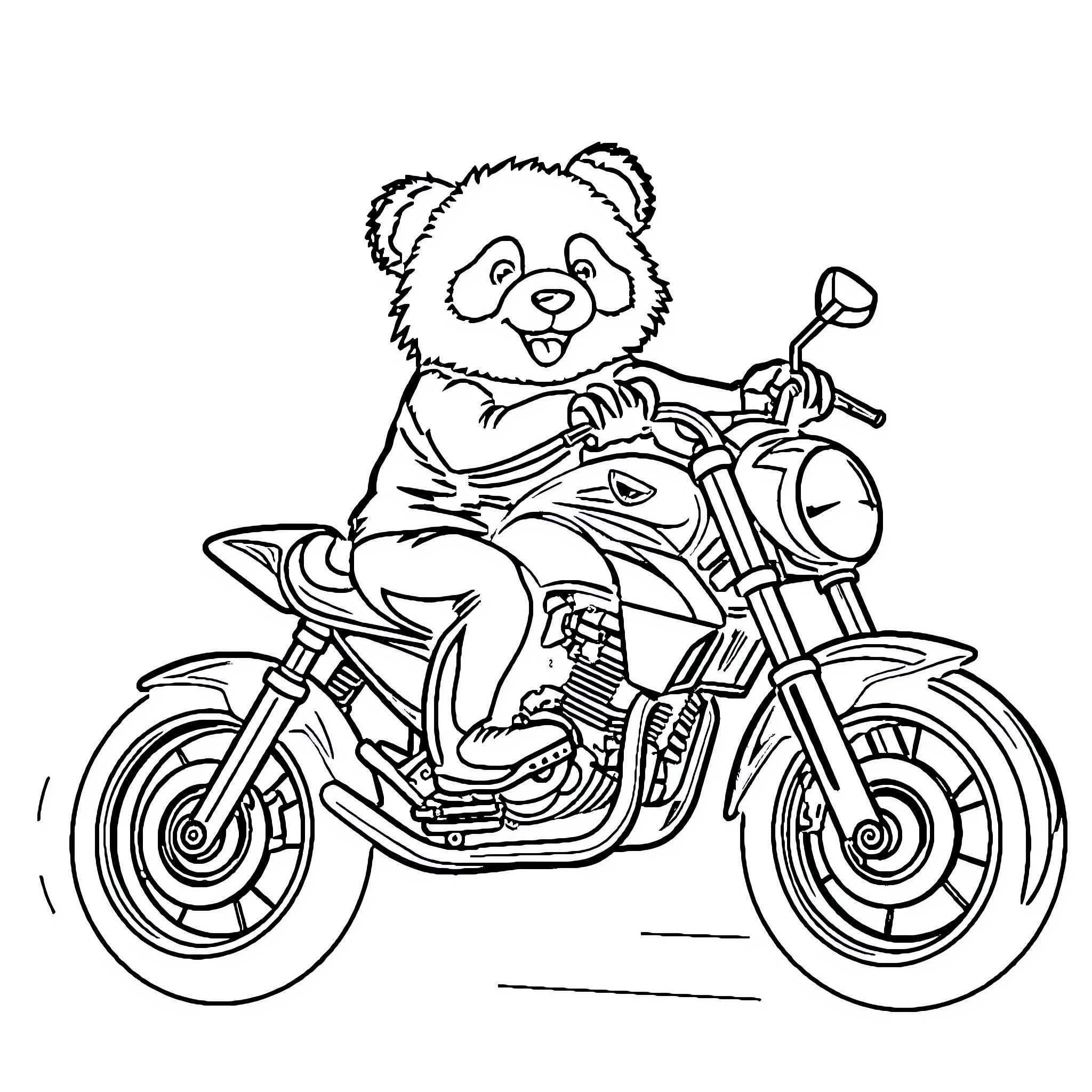 Panda riding a motorcycle with excitement Coloring Page (free black-and-white line drawing printable PDF for all, from beginners to advanced learners, including children, teens, adults, and seniors)