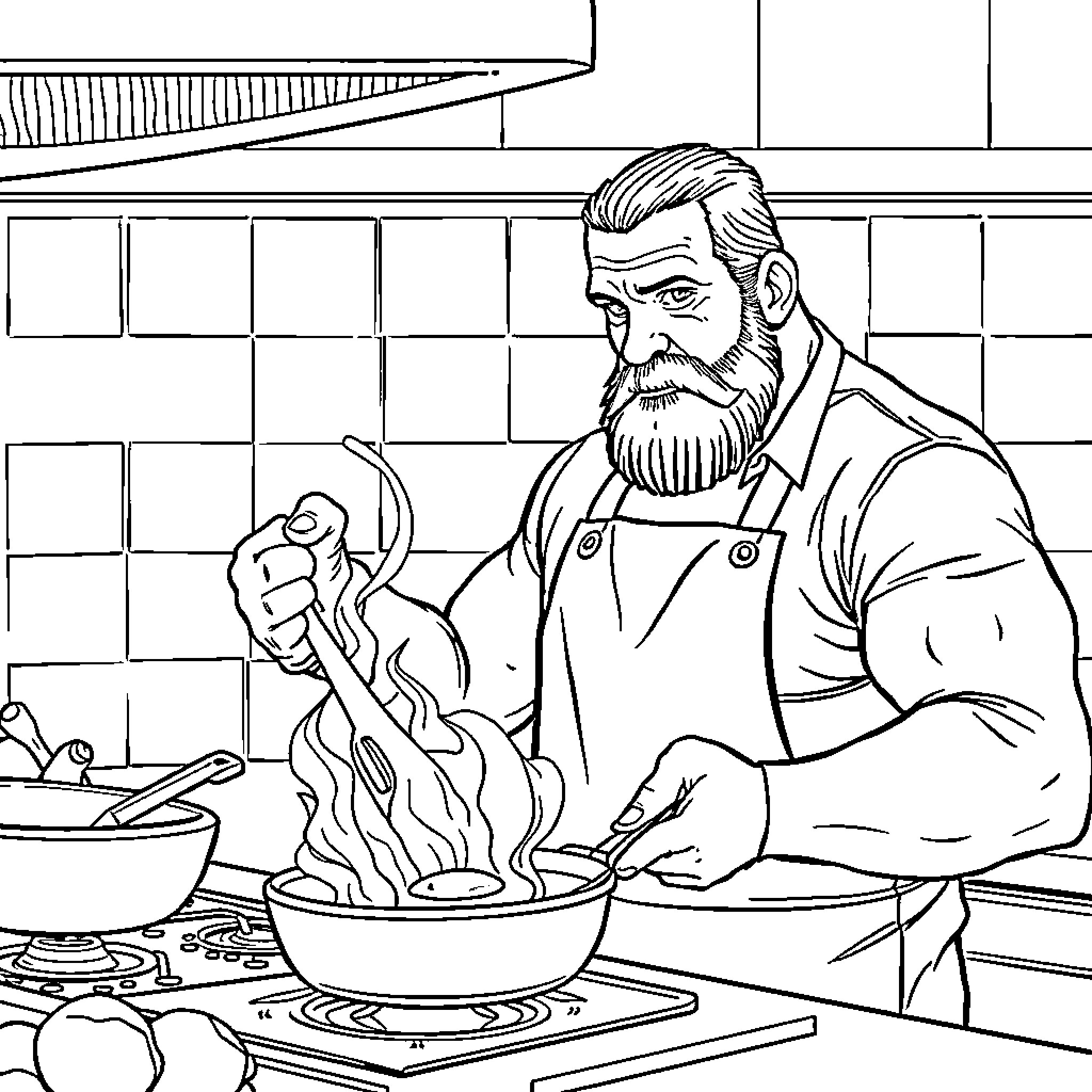 Wrestler cooking a meal in the kitchen Coloring Page (free black-and-white line drawing printable PDF for all, from beginners to advanced learners, including children, teens, adults, and seniors)