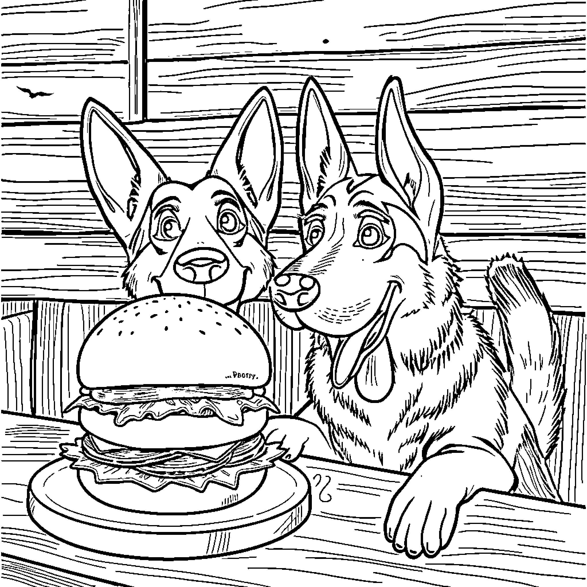Burger-Loving Dogs Indulge in Tasty Snack Coloring Page (free black-and-white line drawing printable PDF for all, from beginners to advanced learners, including children, teens, adults, and seniors)