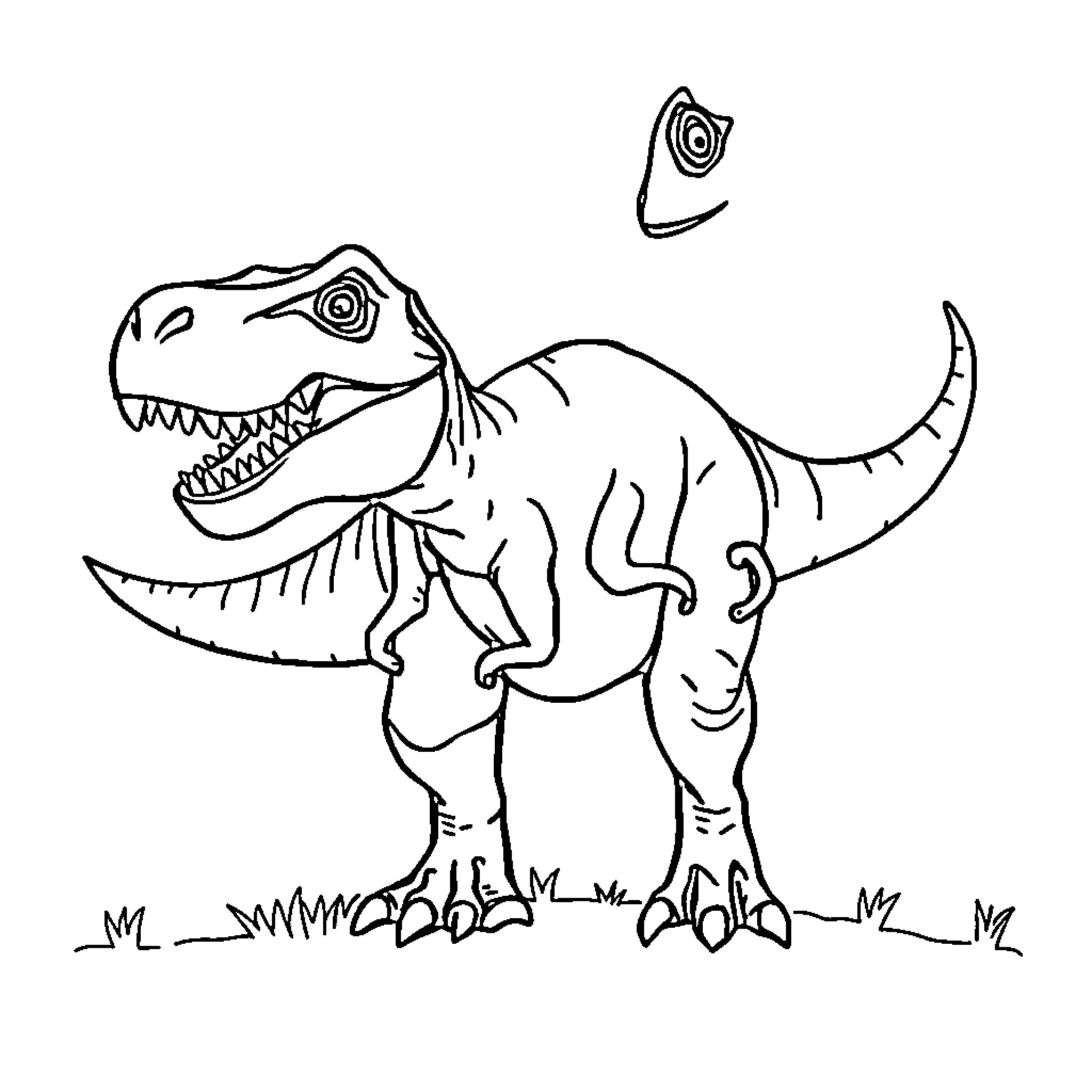 T-Rex hunting in the wild Coloring Page (free black-and-white line drawing printable PDF for all, from beginners to advanced learners, including children, teens, adults, and seniors)