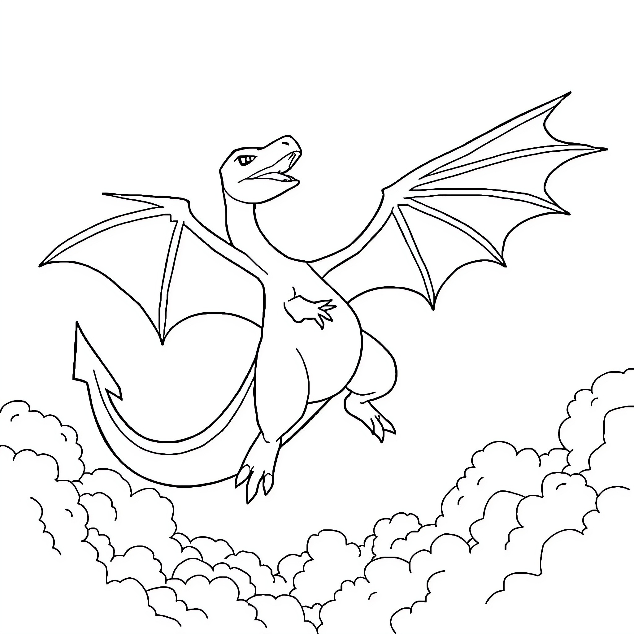 Charizard soaring through the cloudy skies Coloring Page (free black-and-white line drawing printable PDF for all, from beginners to advanced learners, including children, teens, adults, and seniors)