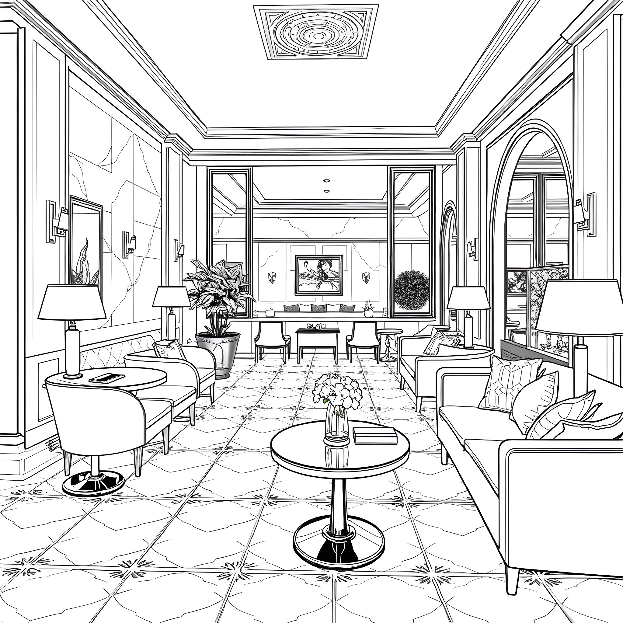 Bluetile Luxury Interior Design Coloring Page (free black-and-white line drawing printable PDF for all, from beginners to advanced learners, including children, teens, adults, and seniors)