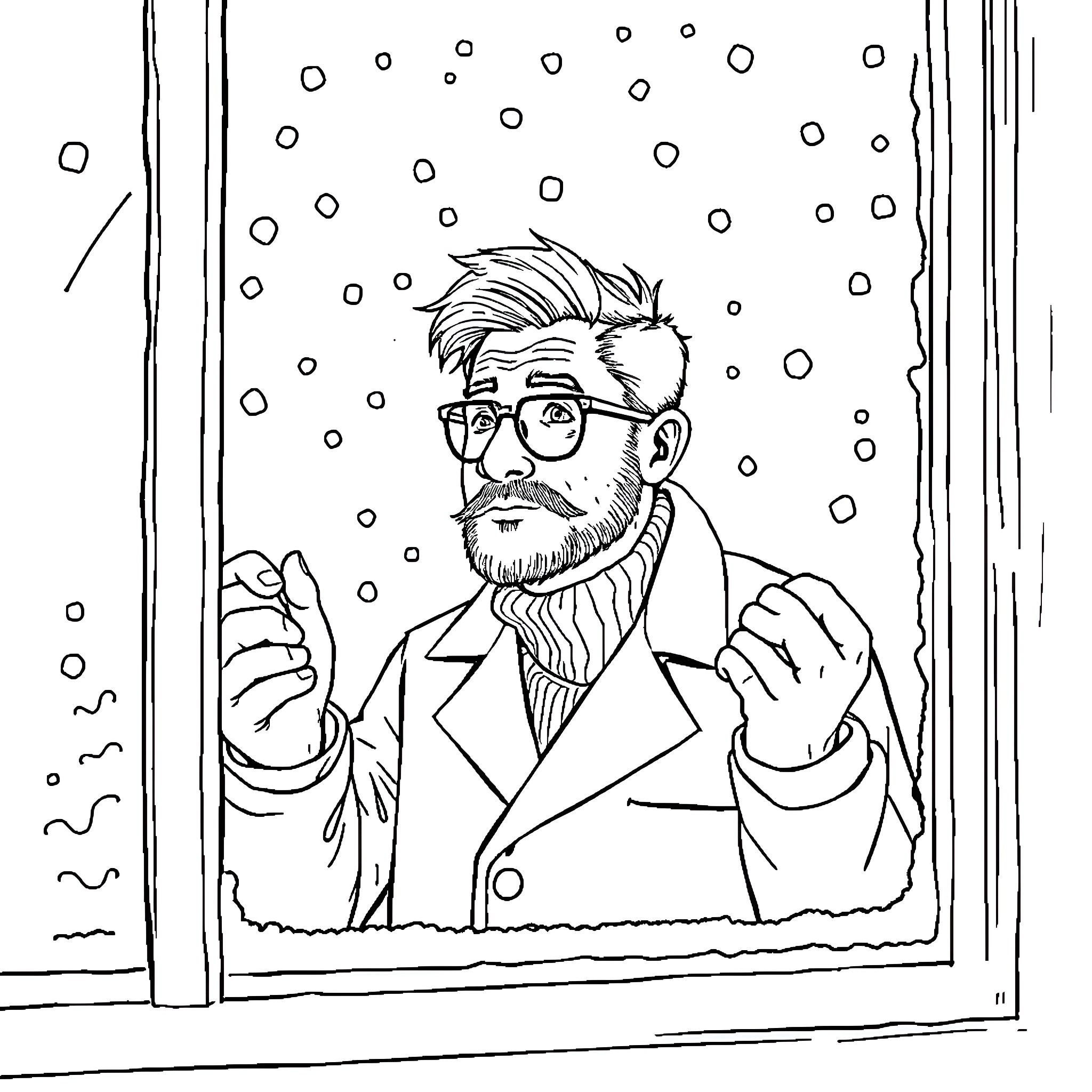 Man gazing through a snowy window Coloring Page (free black-and-white line drawing printable PDF for all, from beginners to advanced learners, including children, teens, adults, and seniors)