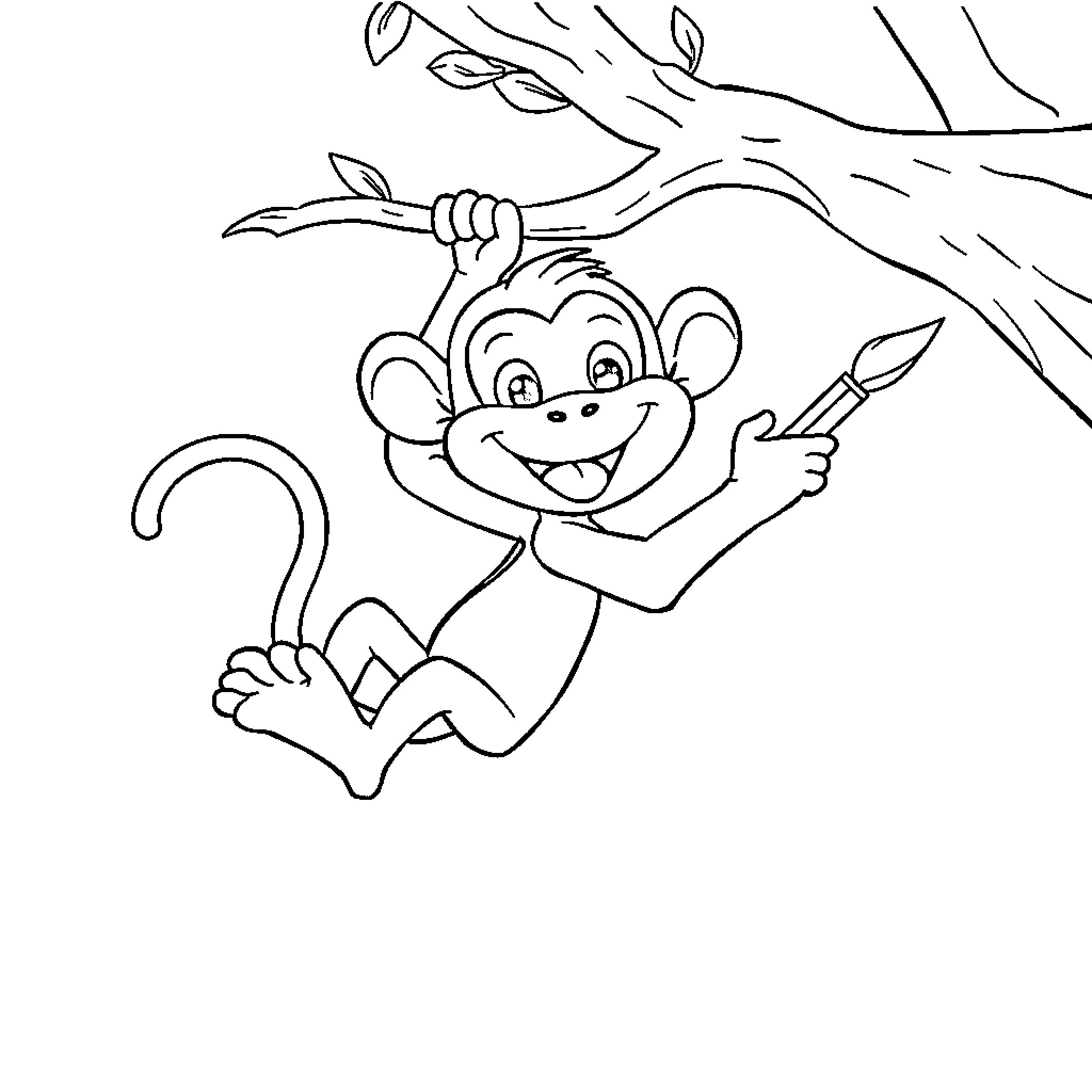 Monkey playing happily in the tree Coloring Page (free black-and-white line drawing printable PDF for all, from beginners to advanced learners, including children, teens, adults, and seniors)