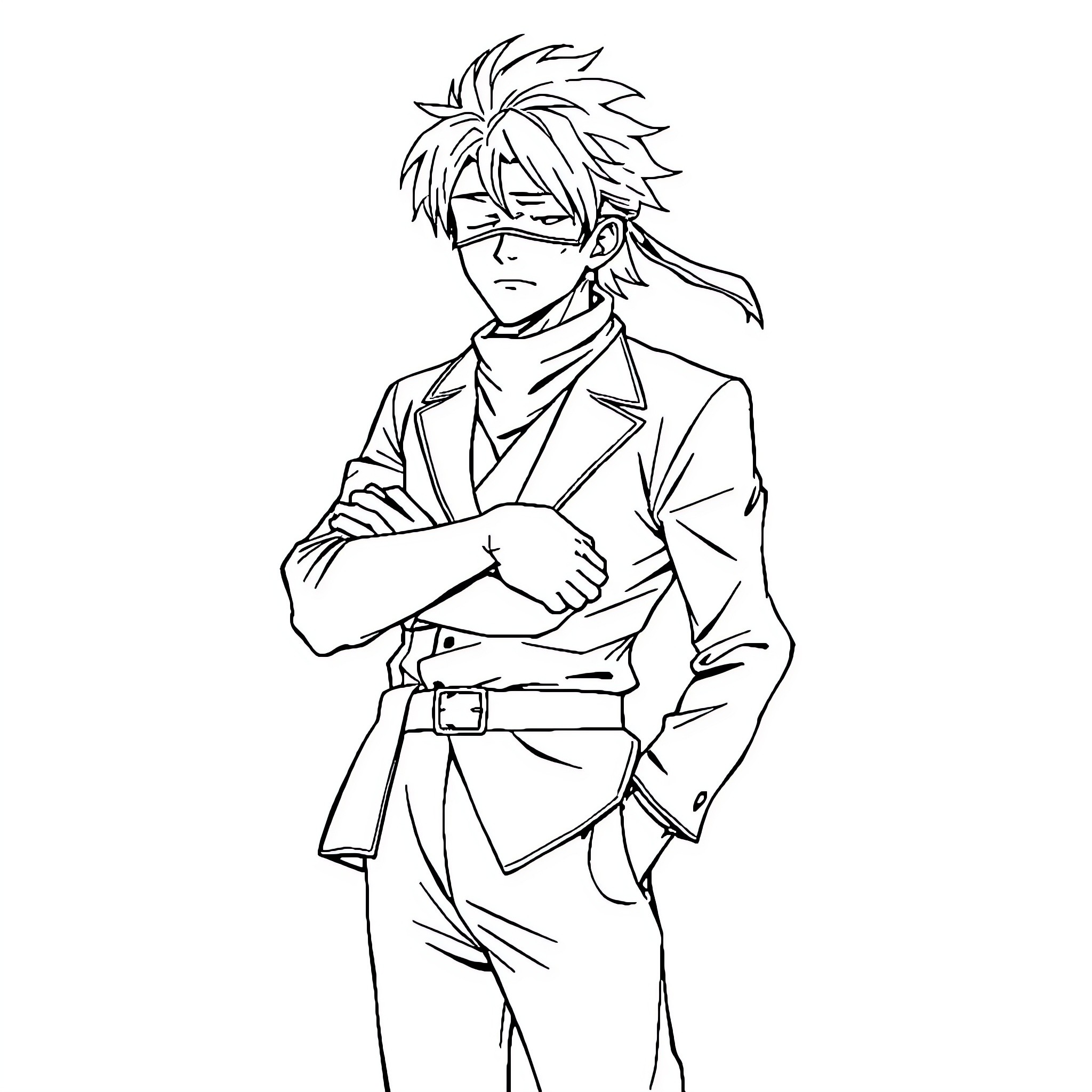Satoru Gojo standing in formal attire with confident expression Coloring Page (free black-and-white line drawing printable PDF for all, from beginners to advanced learners, including children, teens, adults, and seniors)