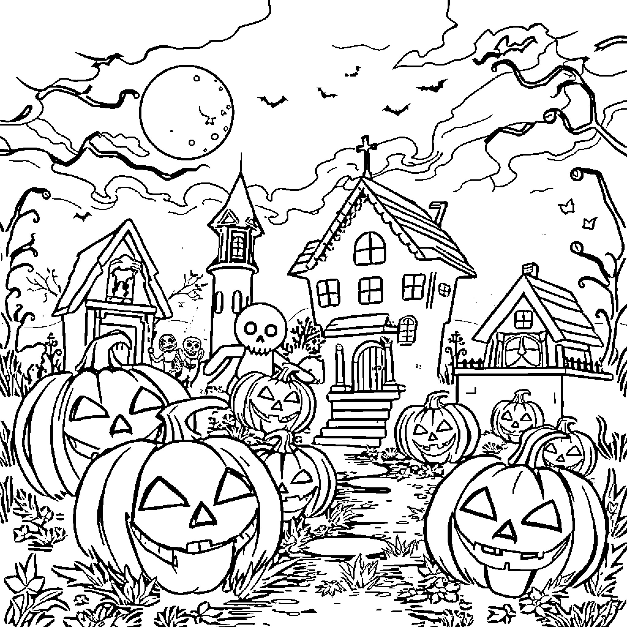 Minecraft Halloween Town with Pumpkins and Spooky Decor Coloring Page (free black-and-white line drawing printable PDF for all, from beginners to advanced learners, including children, teens, adults, and seniors)