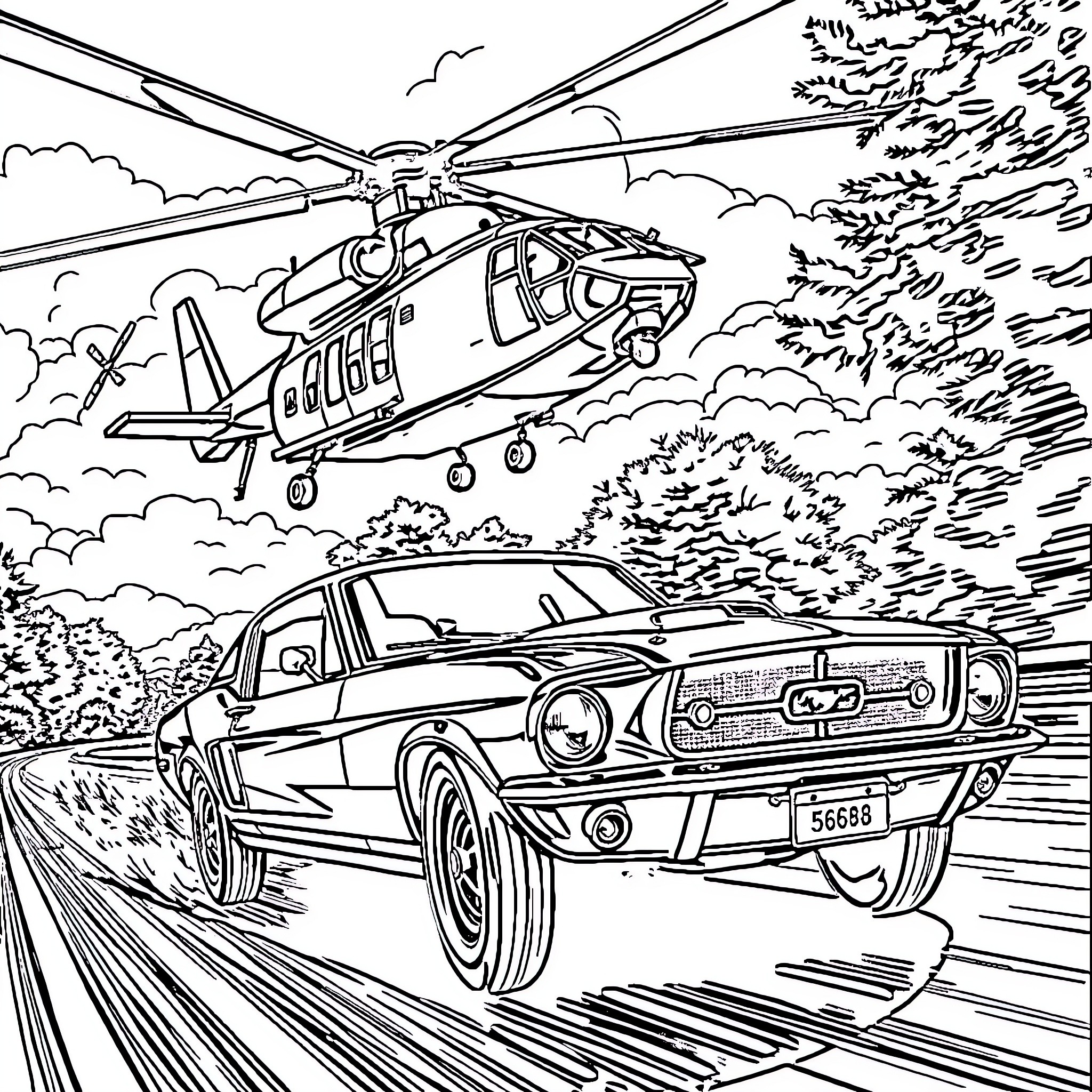 Mustang racing against a helicopter in the countryside Coloring Page (free black-and-white line drawing printable PDF for all, from beginners to advanced learners, including children, teens, adults, and seniors)