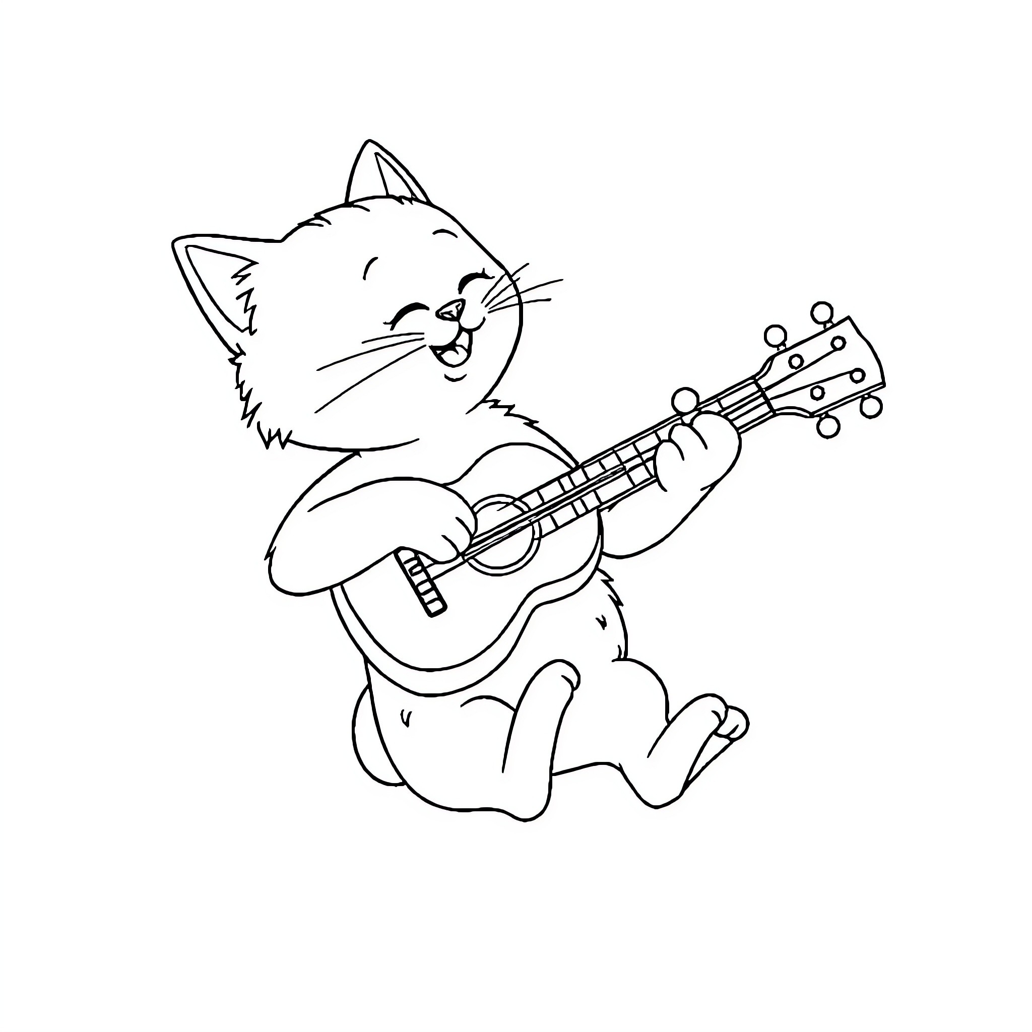 Cat strumming a guitar happily Coloring Page (free black-and-white line drawing printable PDF for all, from beginners to advanced learners, including children, teens, adults, and seniors)