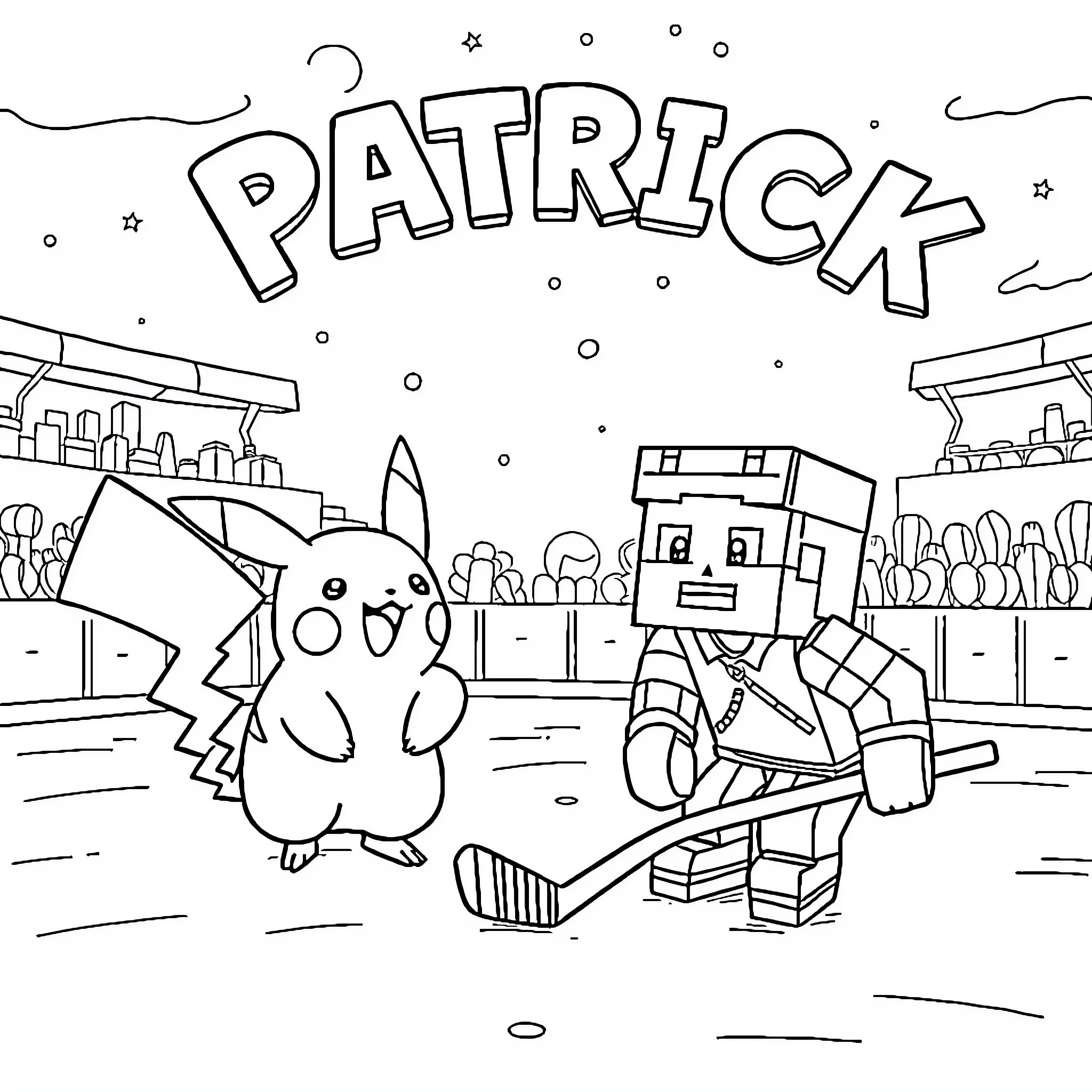 Pikachu playing with a hockey player in a winter scene Coloring Page (free black-and-white line drawing printable PDF for all, from beginners to advanced learners, including children, teens, adults, and seniors)