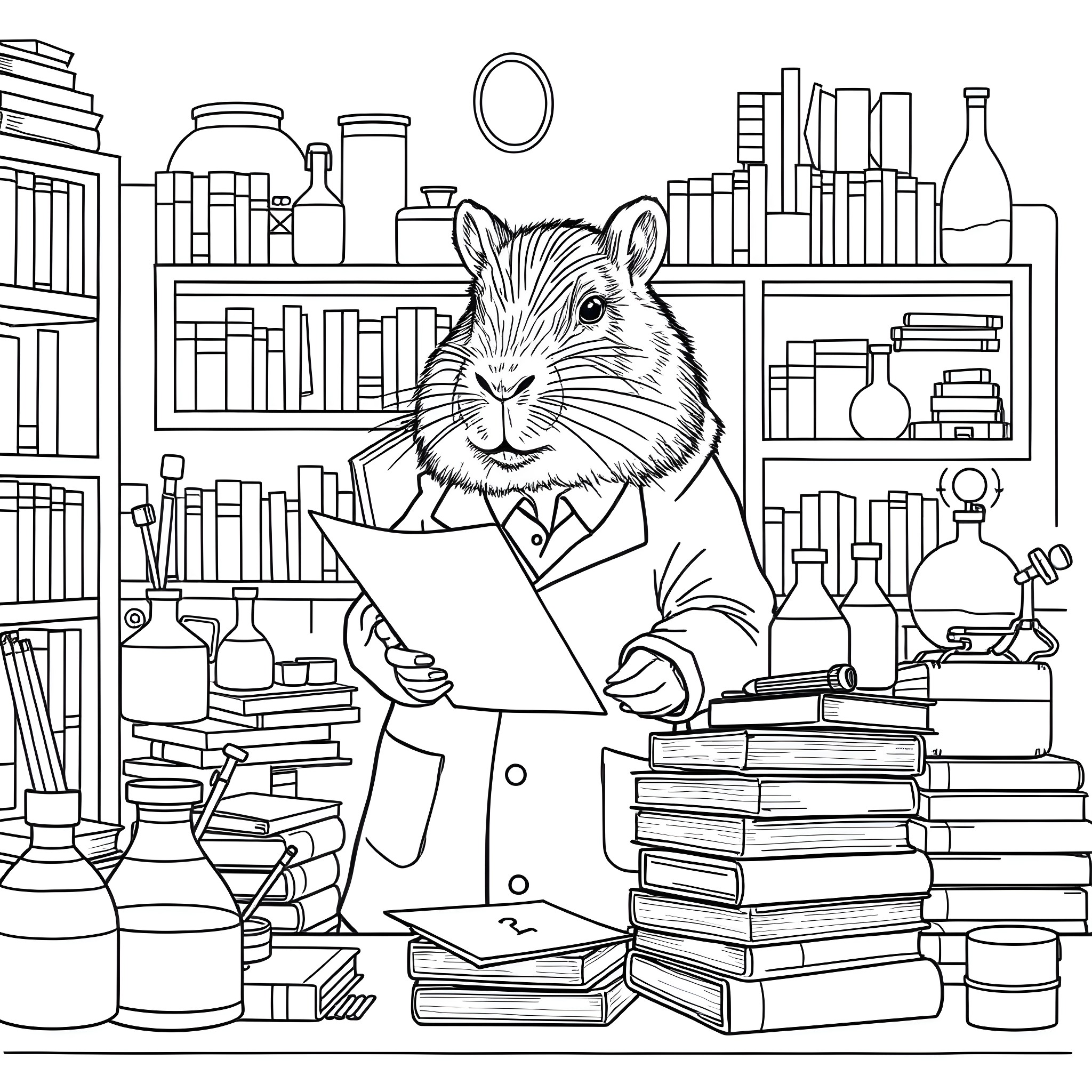 Capybara studying diligently in the library Coloring Page (free black-and-white line drawing printable PDF for all, from beginners to advanced learners, including children, teens, adults, and seniors)