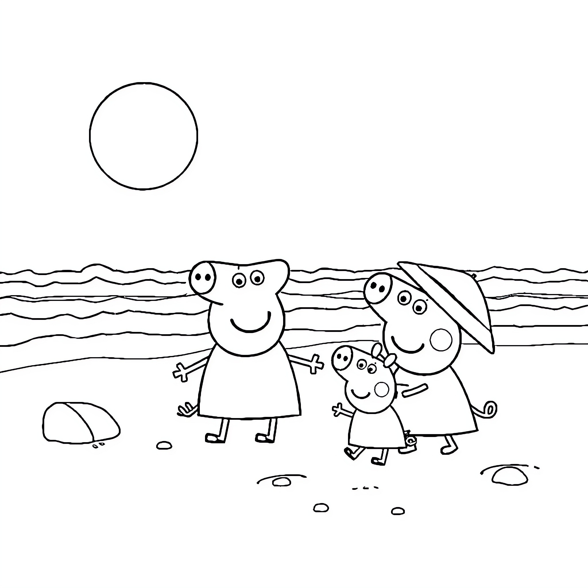 Peppa Pig and family enjoying a sunny day at the beach Coloring Page (free black-and-white line drawing printable PDF for all, from beginners to advanced learners, including children, teens, adults, and seniors)
