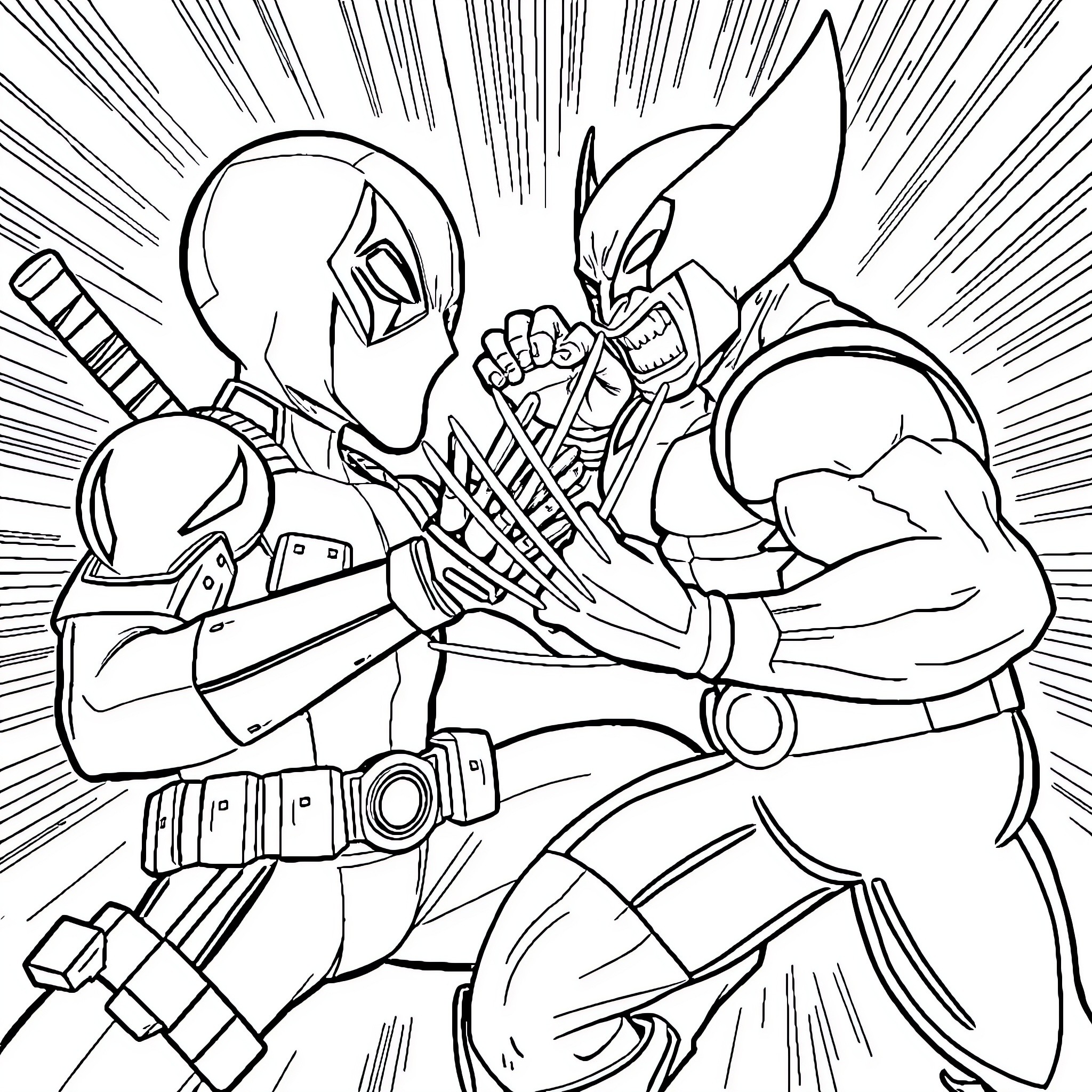 Deadpool clashing in action with superhero Coloring Page (free black-and-white line drawing printable PDF for all, from beginners to advanced learners, including children, teens, adults, and seniors)