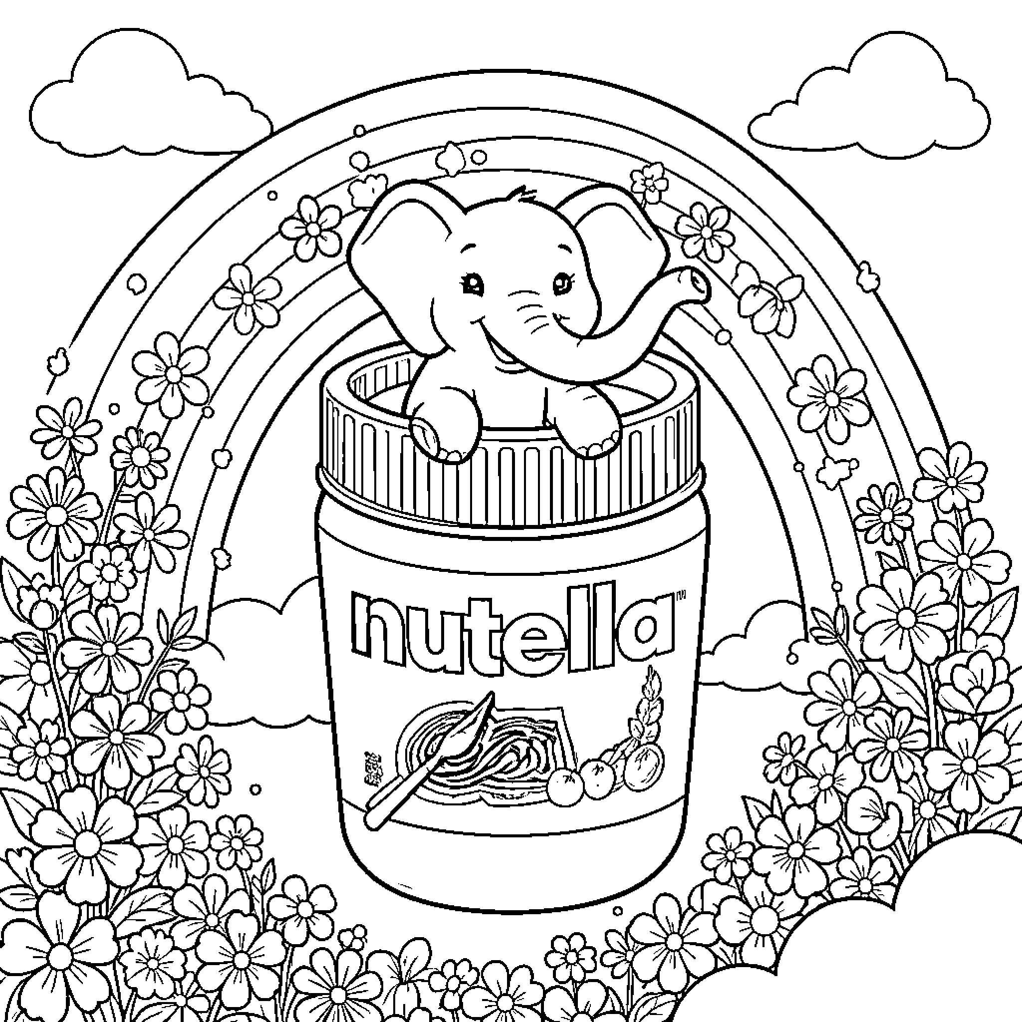 Elephant enjoying delightful Nutella treat in floral garden Coloring Page (free black-and-white line drawing printable PDF for all, from beginners to advanced learners, including children, teens, adults, and seniors)