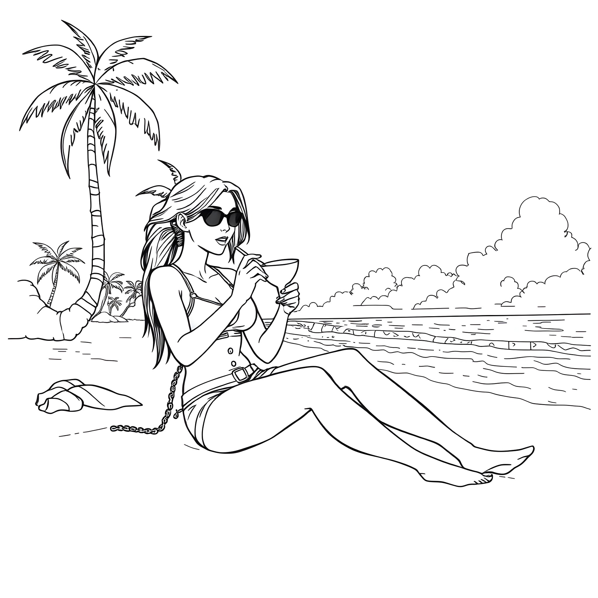 Lara Croft relaxing on the beach Coloring Page (free black-and-white line drawing printable PDF for all, from beginners to advanced learners, including children, teens, adults, and seniors)