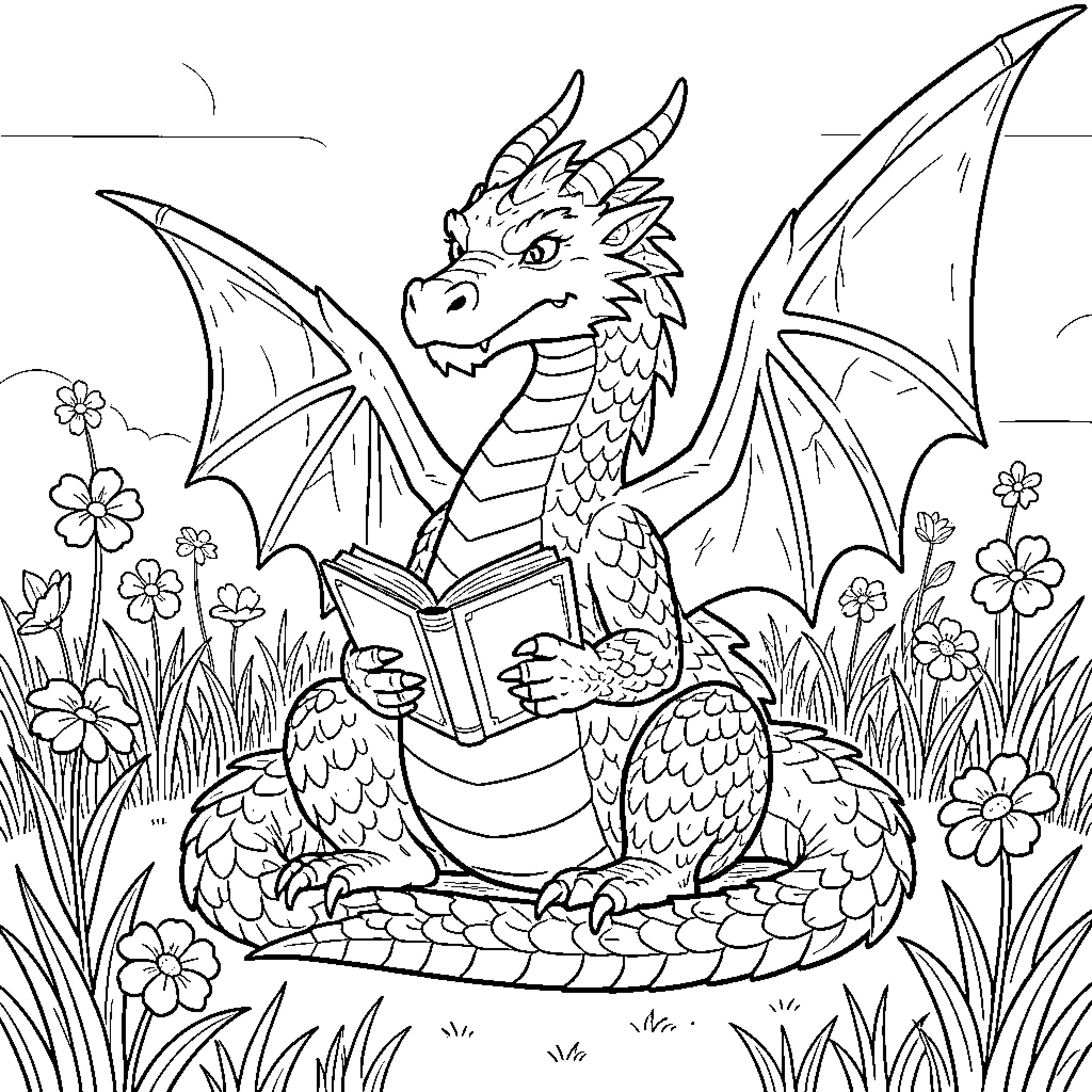 Dragon sitting in a meadow reading a book Coloring Page (free black-and-white line drawing printable PDF for all, from beginners to advanced learners, including children, teens, adults, and seniors)