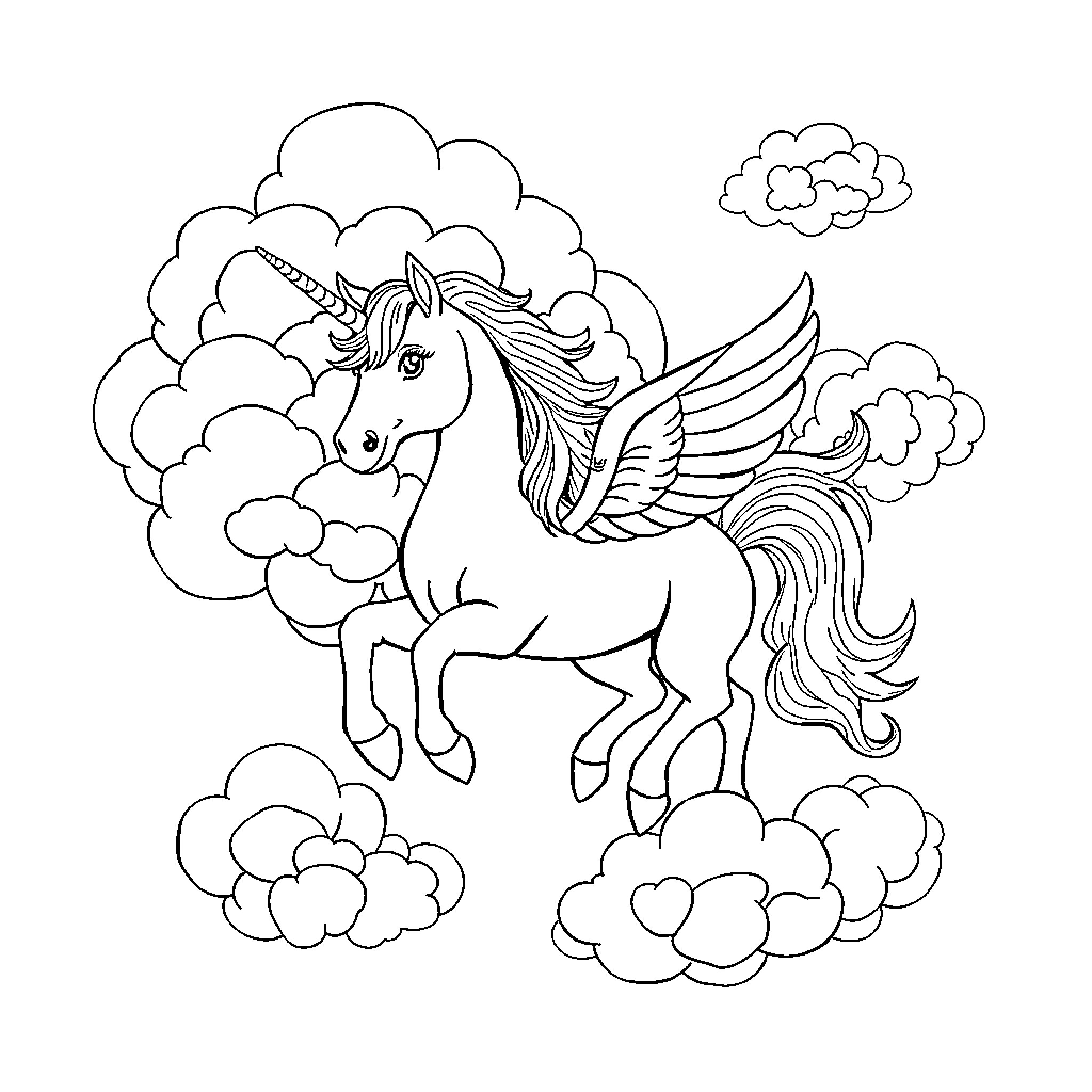 Unicorn soaring through whimsical clouds Coloring Page (free black-and-white line drawing printable PDF for all, from beginners to advanced learners, including children, teens, adults, and seniors)