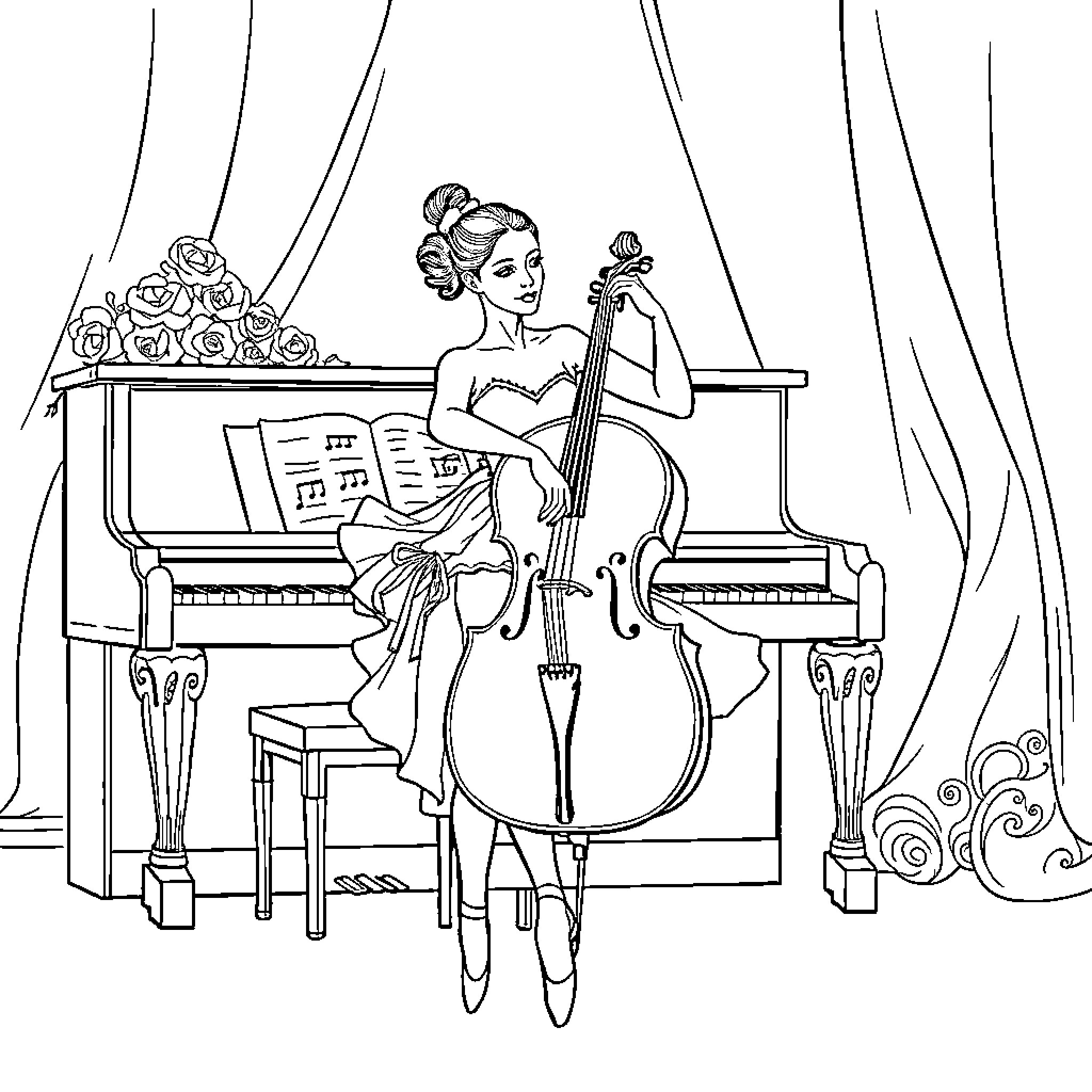 Ballet Dancer Performing with Cello and Piano Coloring Page (free black-and-white line drawing printable PDF for all, from beginners to advanced learners, including children, teens, adults, and seniors)