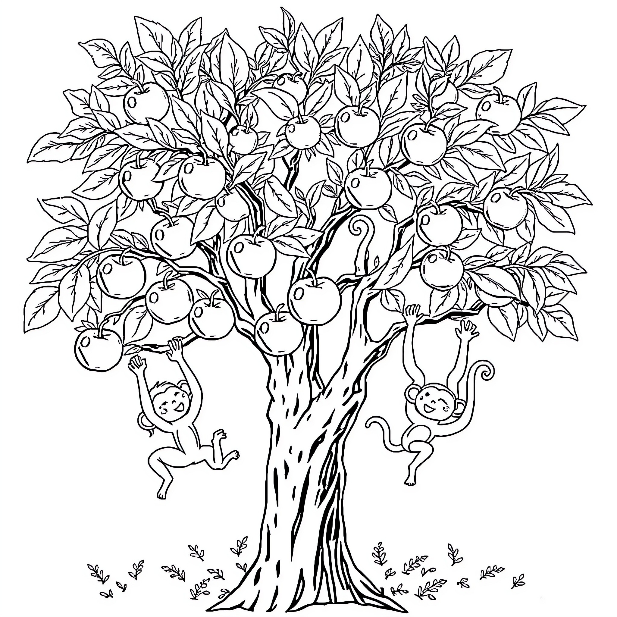 Appletree with playful monkeys and ripe fruit Coloring Page (free black-and-white line drawing printable PDF for all, from beginners to advanced learners, including children, teens, adults, and seniors)