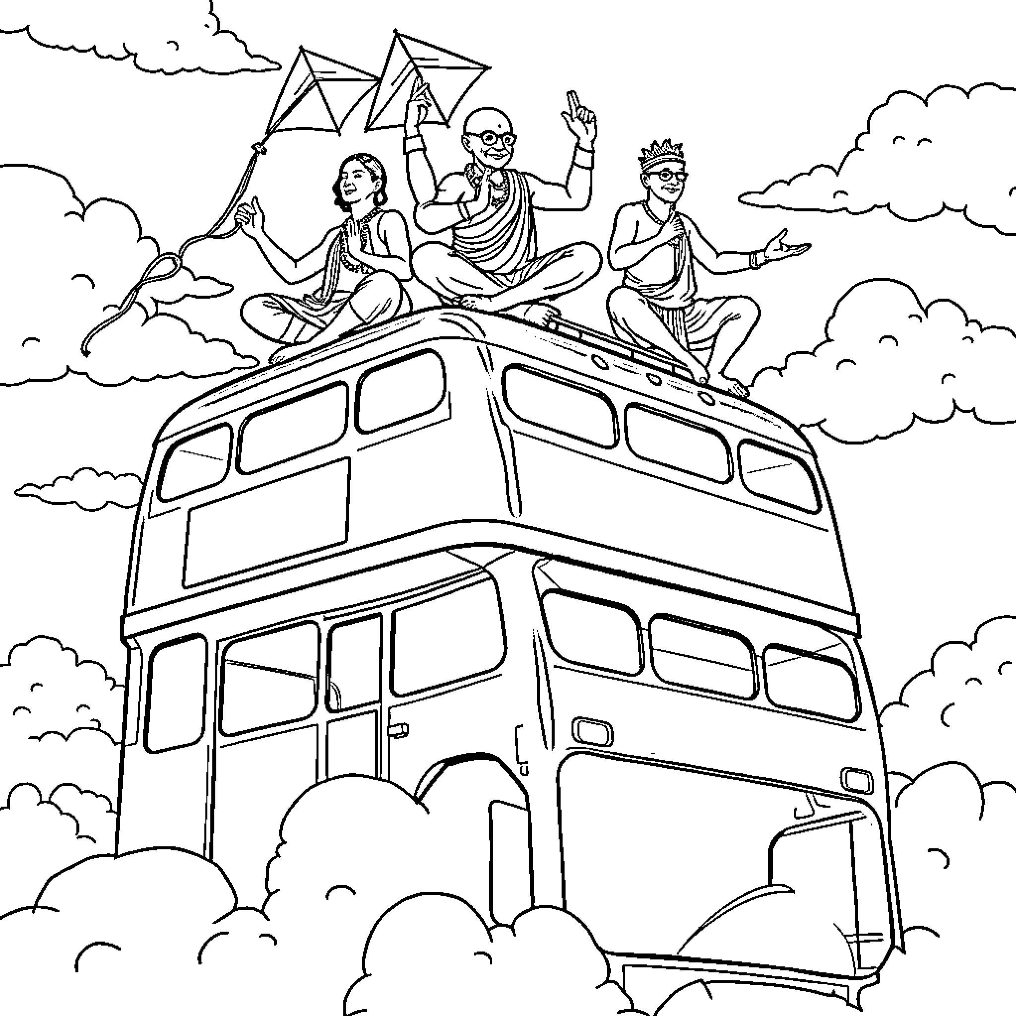 Kite Man Enjoying Sky Adventure on Double-Decker Bus Coloring Page (free black-and-white line drawing printable PDF for all, from beginners to advanced learners, including children, teens, adults, and seniors)