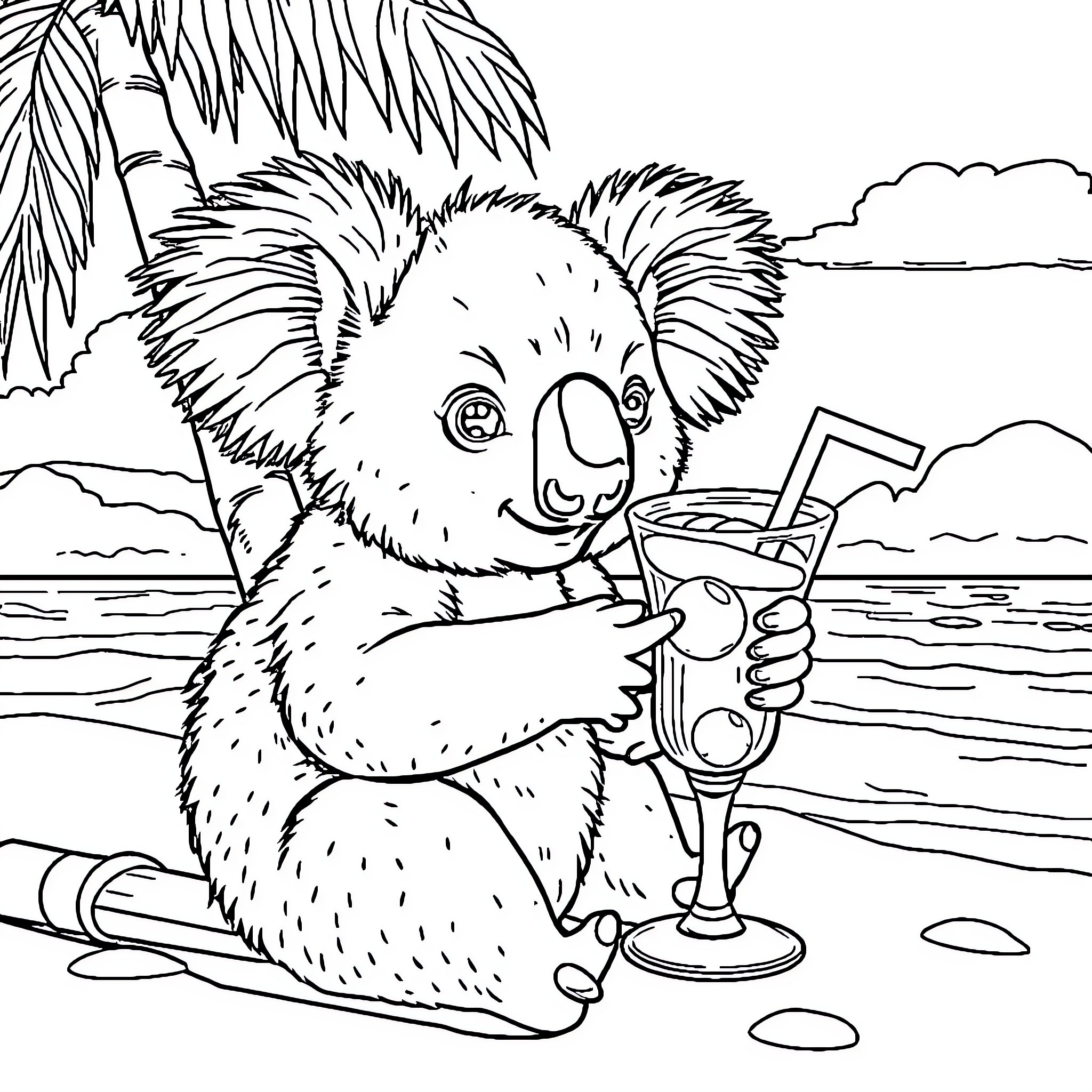 Koala enjoying a tropical beverage on the beach Coloring Page (free black-and-white line drawing printable PDF for all, from beginners to advanced learners, including children, teens, adults, and seniors)