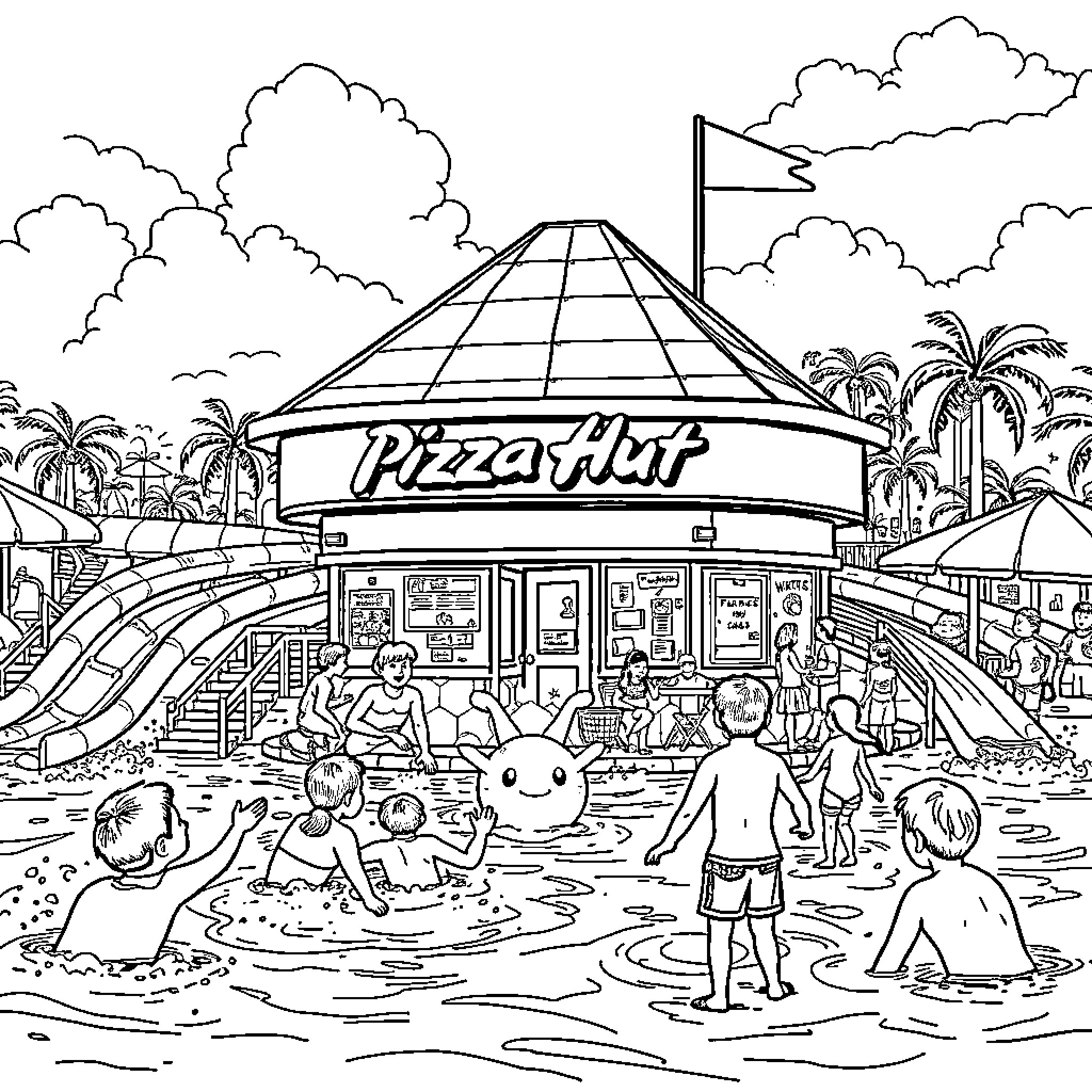Pizza Hut at the Beach with Swimmers Coloring Page (free black-and-white line drawing printable PDF for all, from beginners to advanced learners, including children, teens, adults, and seniors)