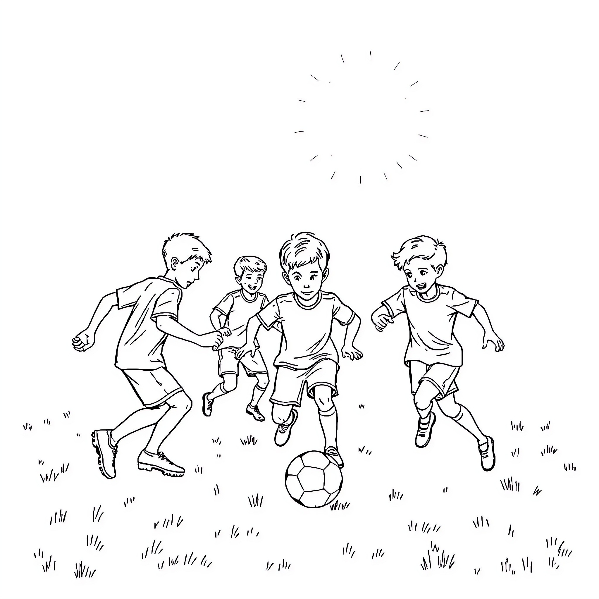 Boys Playing Soccer Joyfully on the Field Coloring Page (free black-and-white line drawing printable PDF for all, from beginners to advanced learners, including children, teens, adults, and seniors)