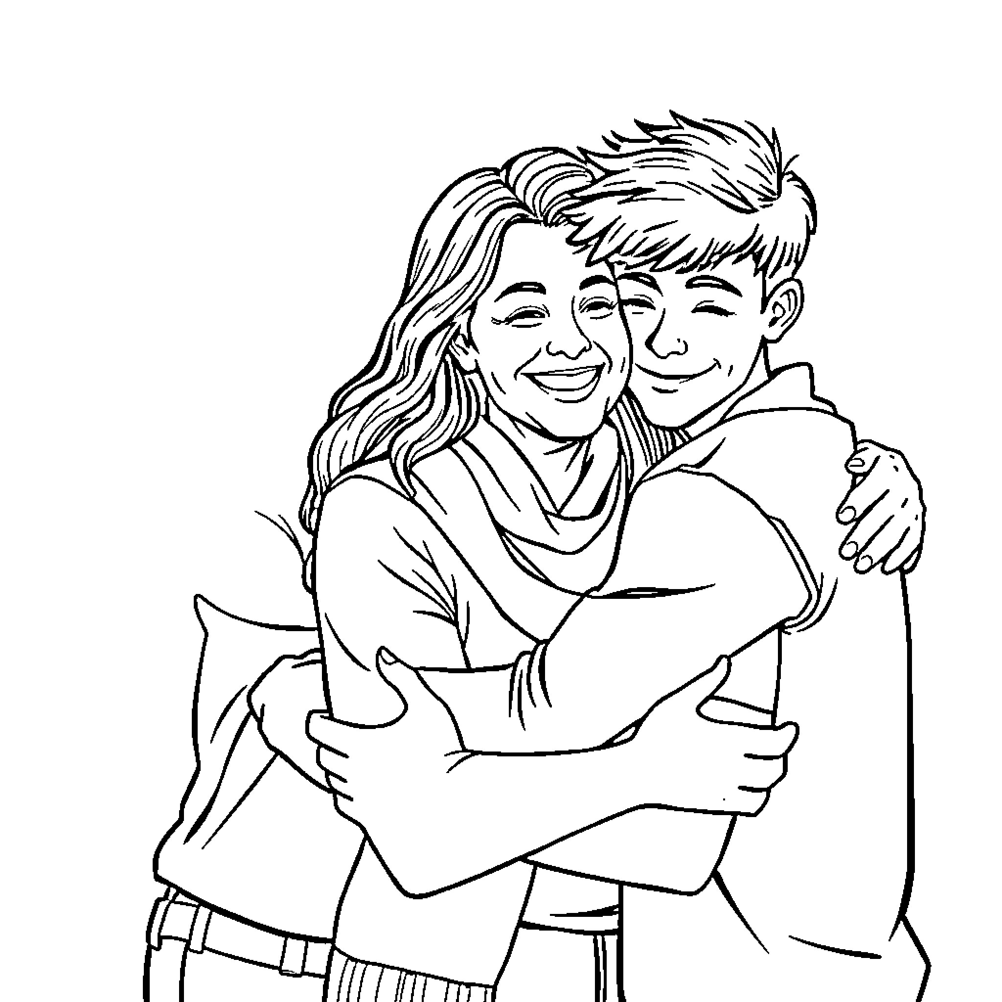 Family Embracing Joyfully Coloring Page (free black-and-white line drawing printable PDF for all, from beginners to advanced learners, including children, teens, adults, and seniors)
