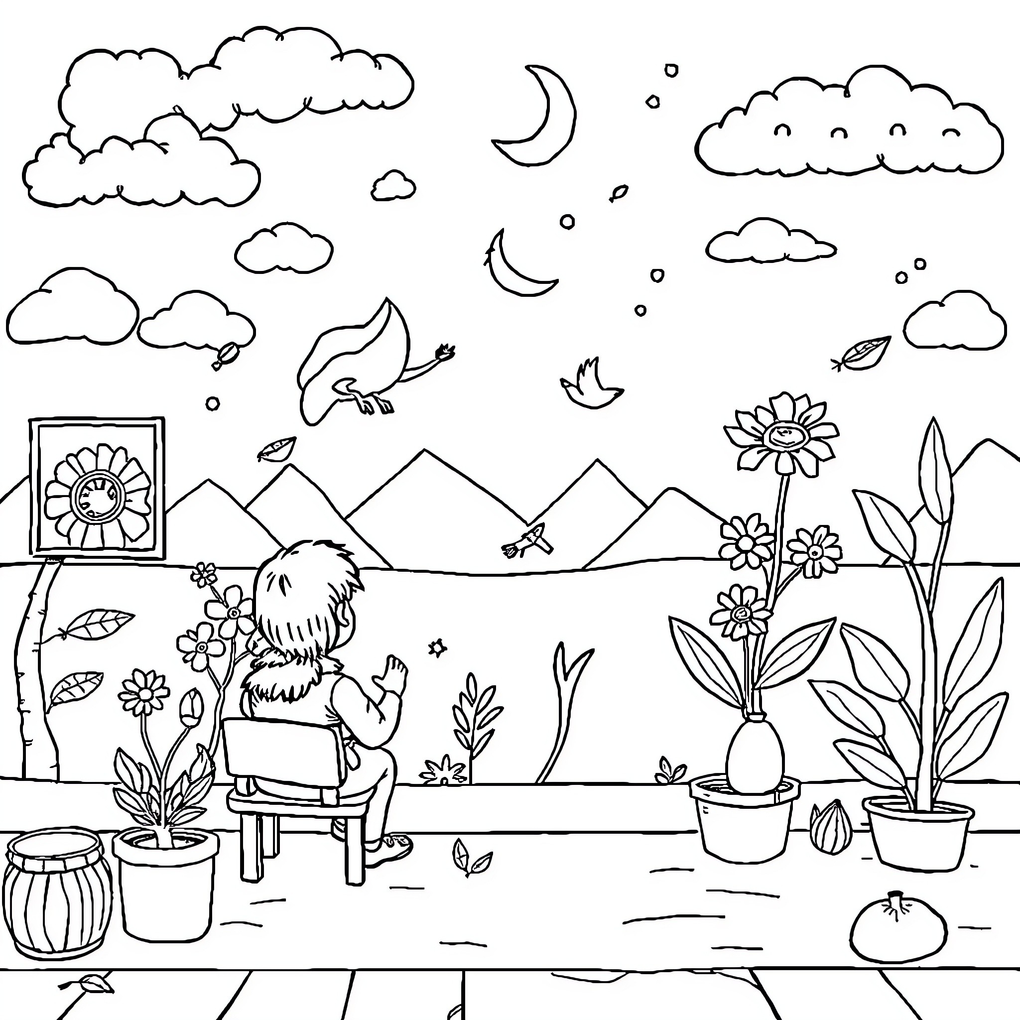 School Doodle Scene with Landscape and Plants Coloring Page (free black-and-white line drawing printable PDF for all, from beginners to advanced learners, including children, teens, adults, and seniors)