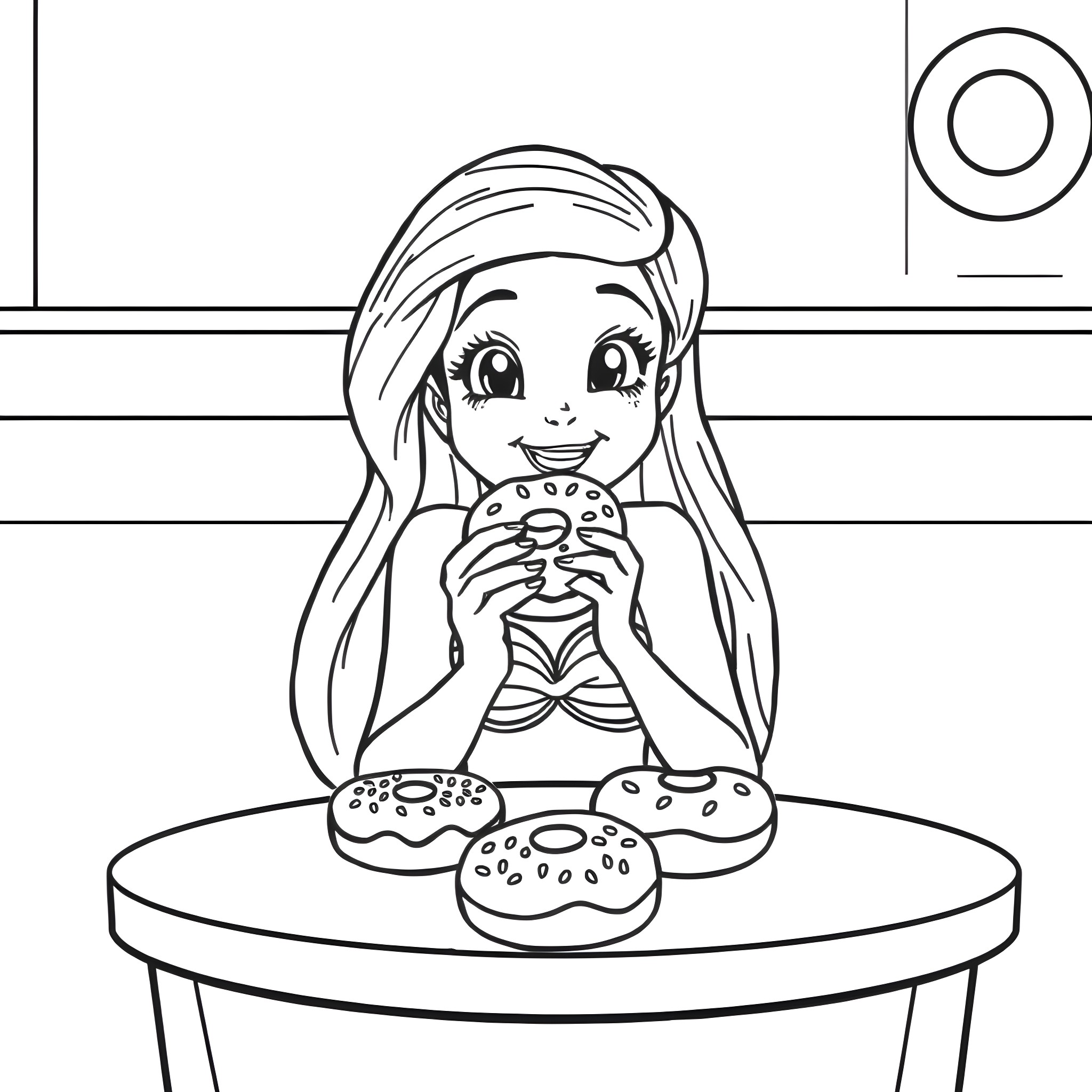 Ariel enjoying a snack of donuts Coloring Page (free black-and-white line drawing printable PDF for all, from beginners to advanced learners, including children, teens, adults, and seniors)