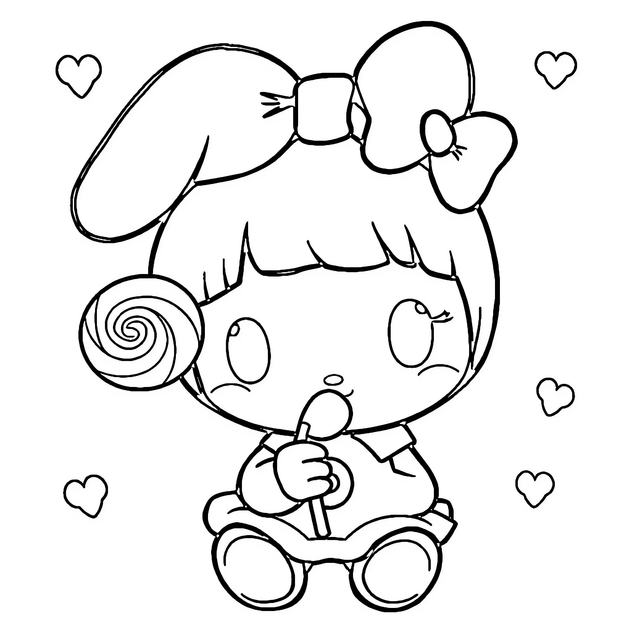 My Melody Sitting and Holding a Lollipop Coloring Page (free black-and-white line drawing printable PDF for all, from beginners to advanced learners, including children, teens, adults, and seniors)
