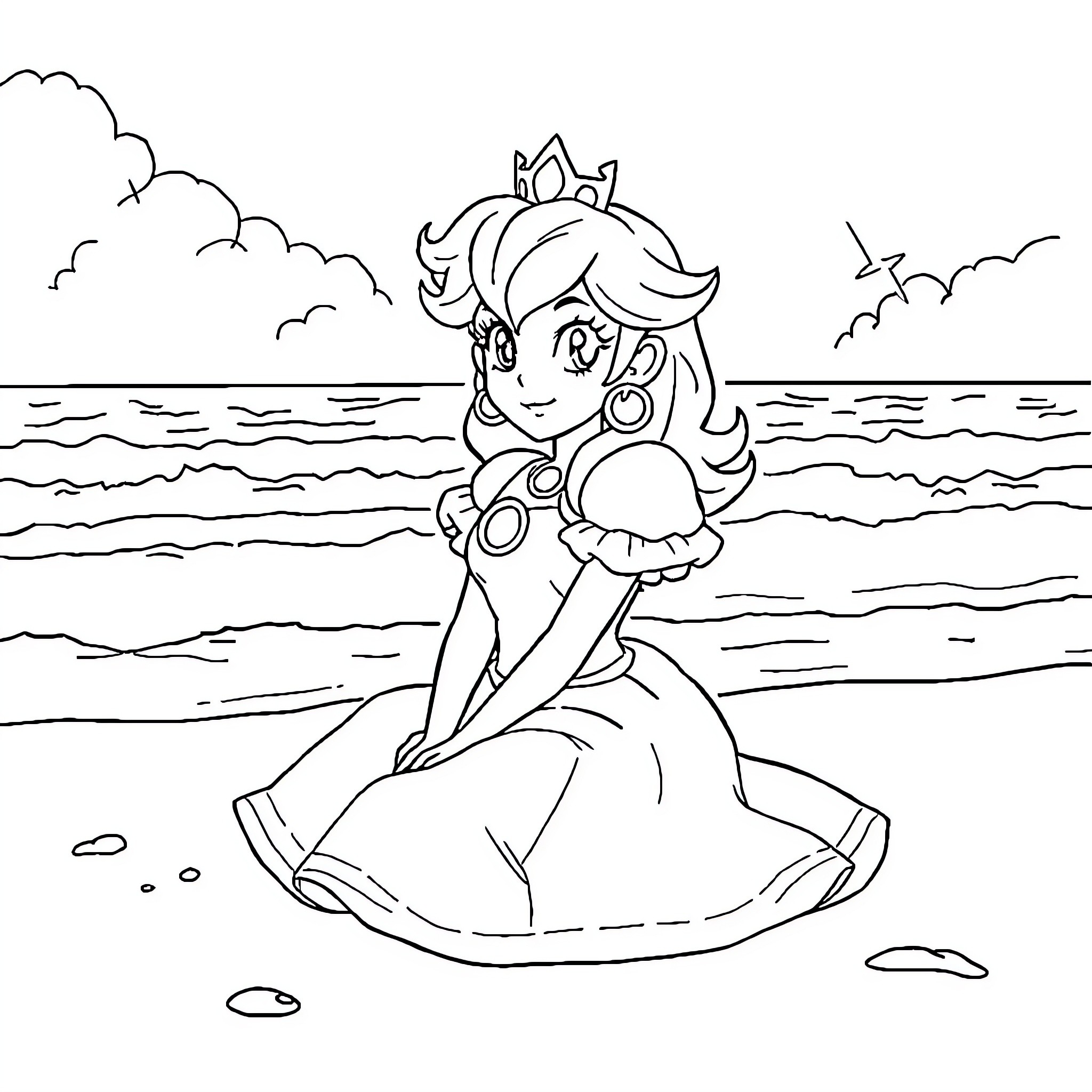 Princess Playing in the Waves by the Sea Coloring Page (free black-and-white line drawing printable PDF for all, from beginners to advanced learners, including children, teens, adults, and seniors)