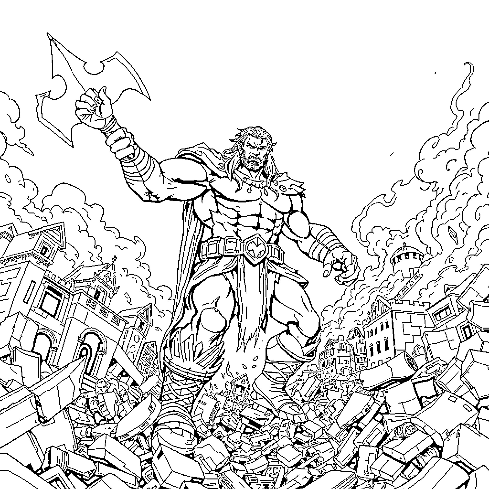 Giant Warrior Wielding Axe Amid Destruction Coloring Page (free black-and-white line drawing printable PDF for all, from beginners to advanced learners, including children, teens, adults, and seniors)