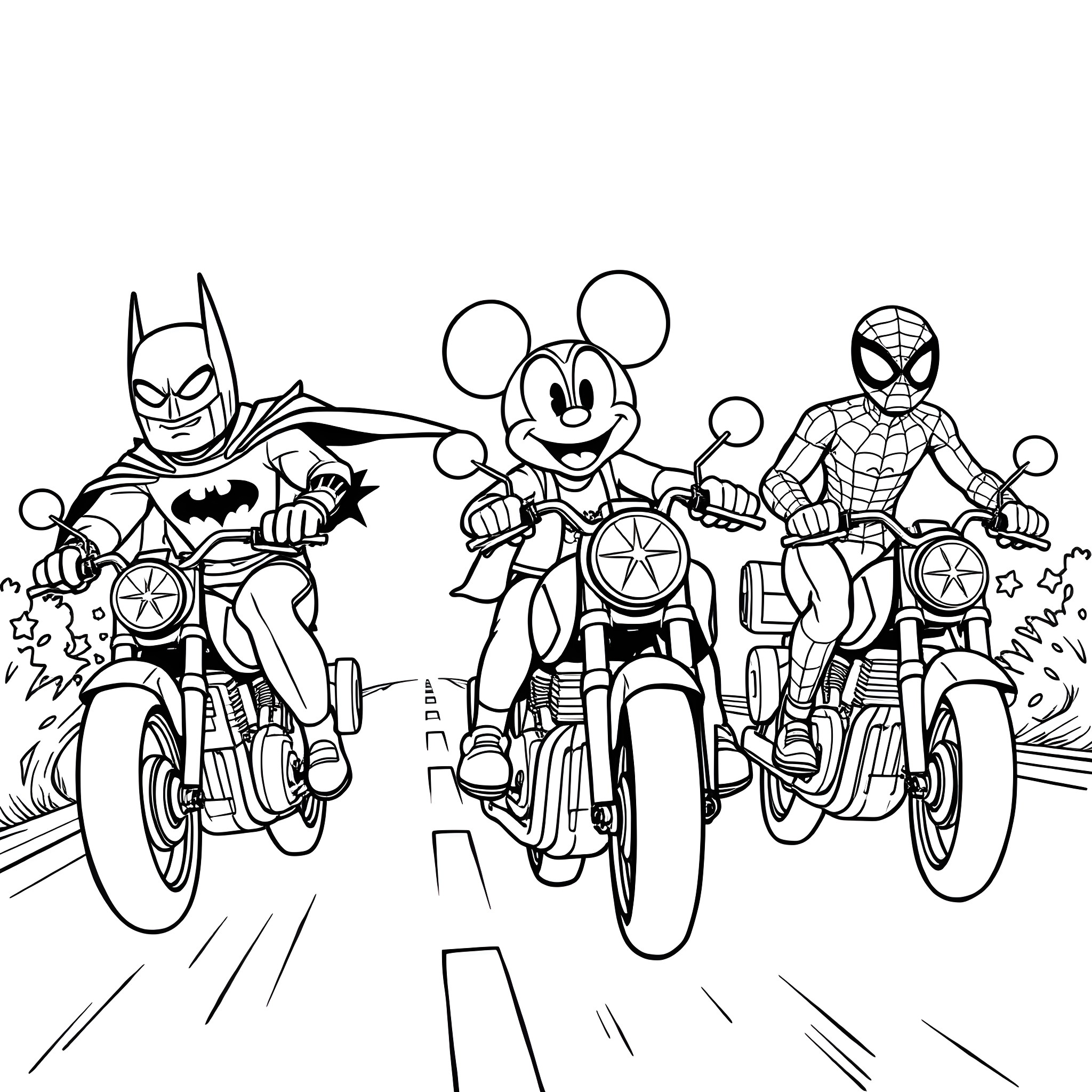 Superhero Riders on Motorcycles Coloring Page (free black-and-white line drawing printable PDF for all, from beginners to advanced learners, including children, teens, adults, and seniors)