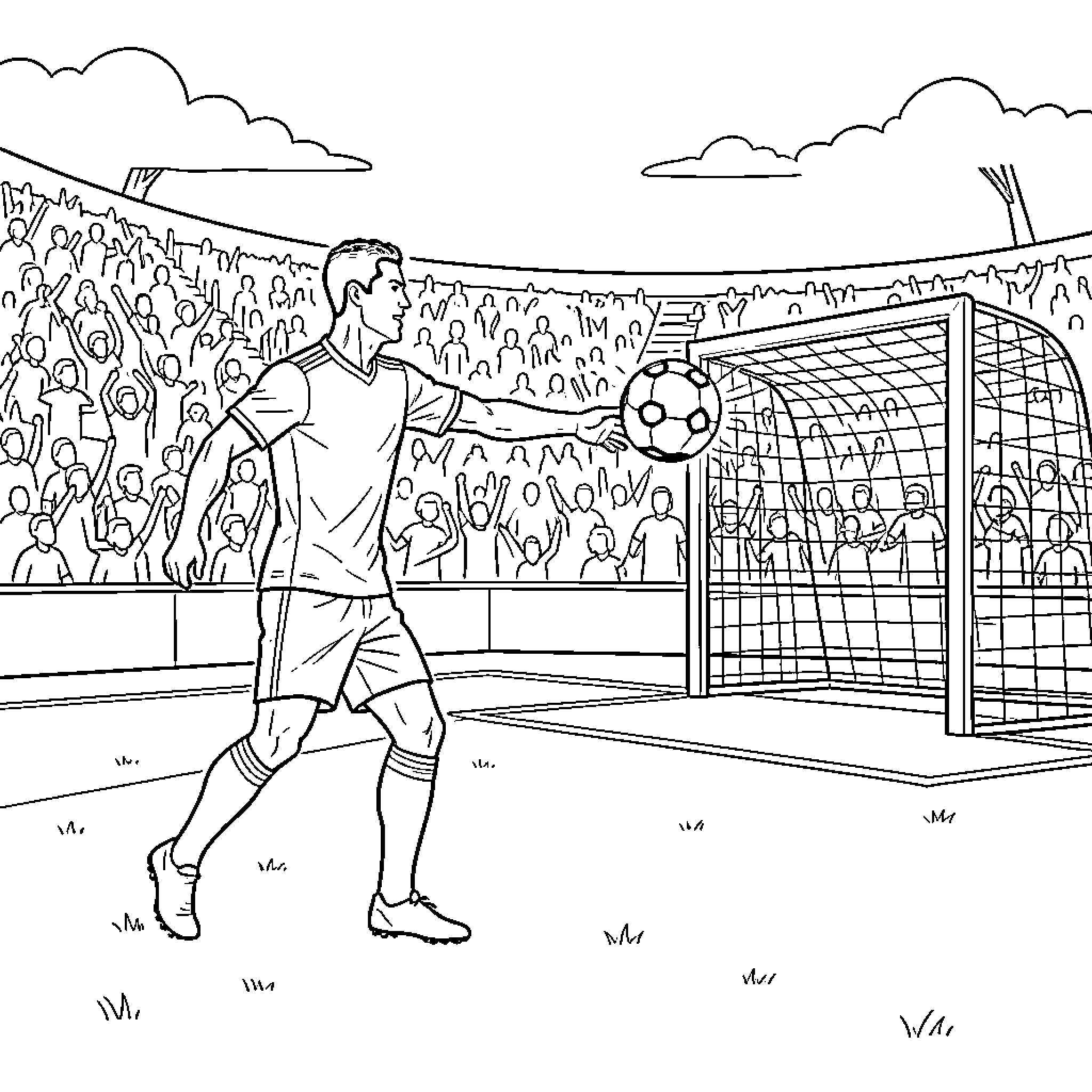 Cristiano Ronaldo about to kick a soccer ball Coloring Page (free black-and-white line drawing printable PDF for all, from beginners to advanced learners, including children, teens, adults, and seniors)