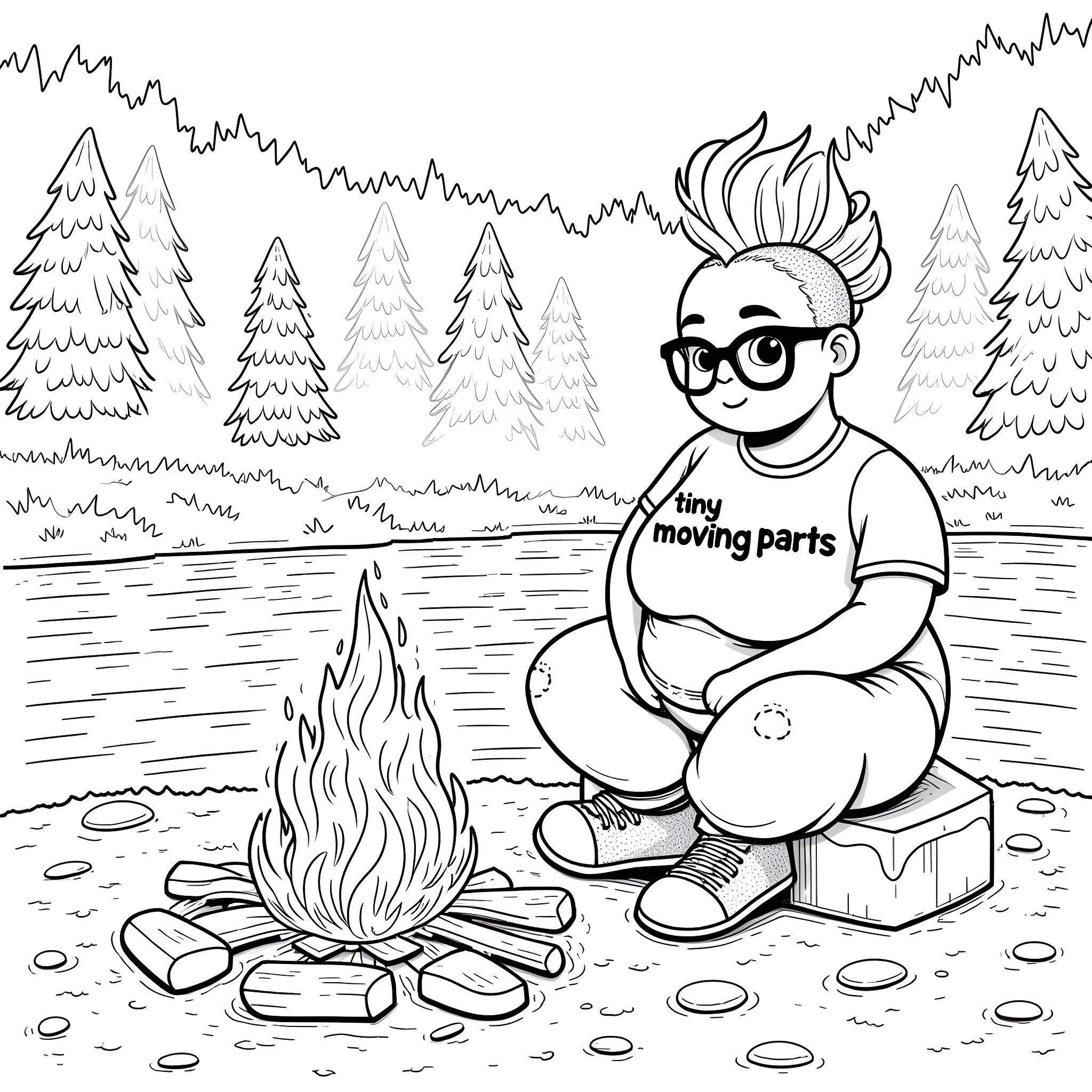 Woman enjoying campfire in the woods Coloring Page (free black-and-white line drawing printable PDF for all, from beginners to advanced learners, including children, teens, adults, and seniors)
