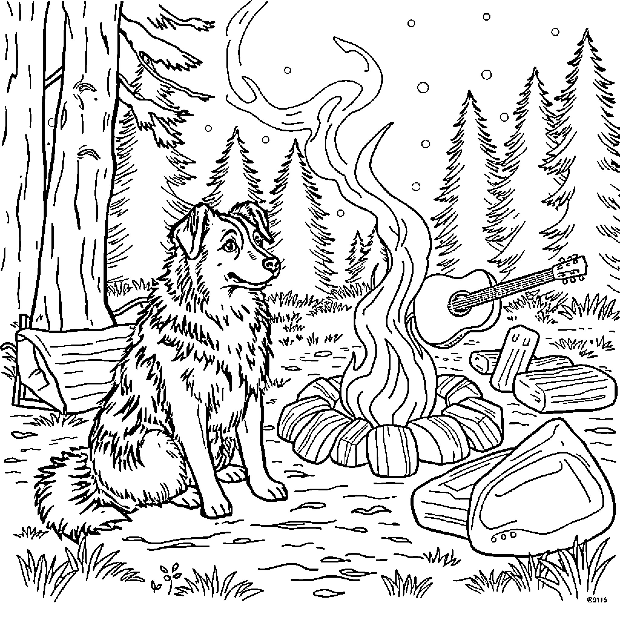 Australian Shepherd enjoying campfire in the woods Coloring Page (free black-and-white line drawing printable PDF for all, from beginners to advanced learners, including children, teens, adults, and seniors)